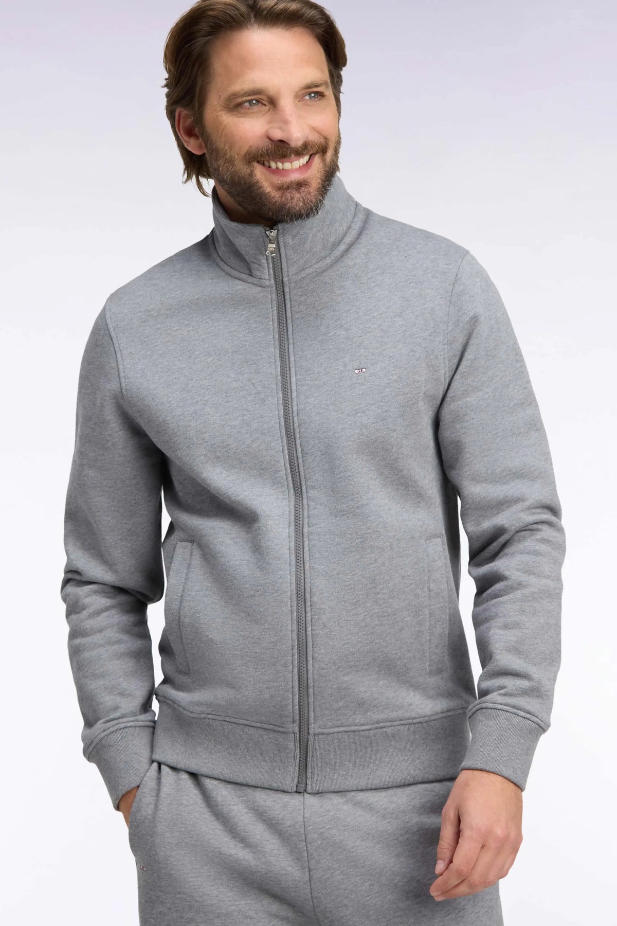 Eden Park 0 Men Zip-Up Sweatshirt with Trucker Collar in Grey Cotton with a Straight Cut SKU: H26MAISW0006_GRM19 Image 03