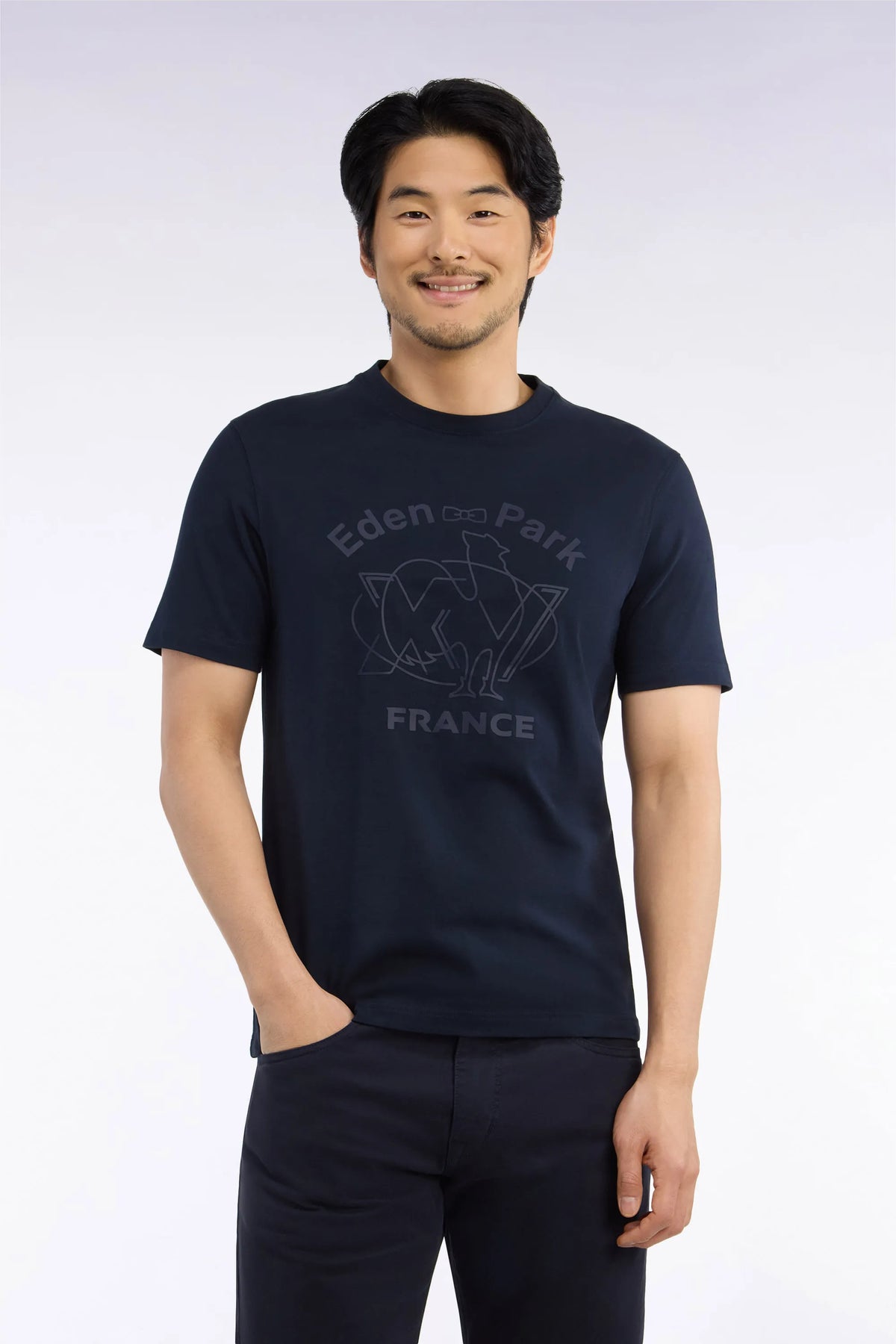 Eden Park Men Short-Sleeved Navy Cotton T-Shirt with XV De France Screen Print Straight Cut SKU: H26MAITC0034_BLF Image 01