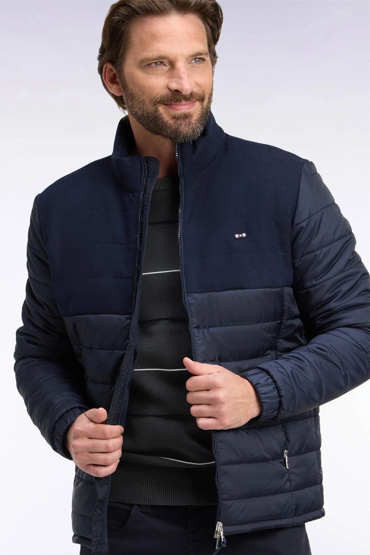 Eden Park 0 Men Two-Material Down Jacket in Nylon and Navy Flannel SKU: H26PAMDL0006_BLF Image 03