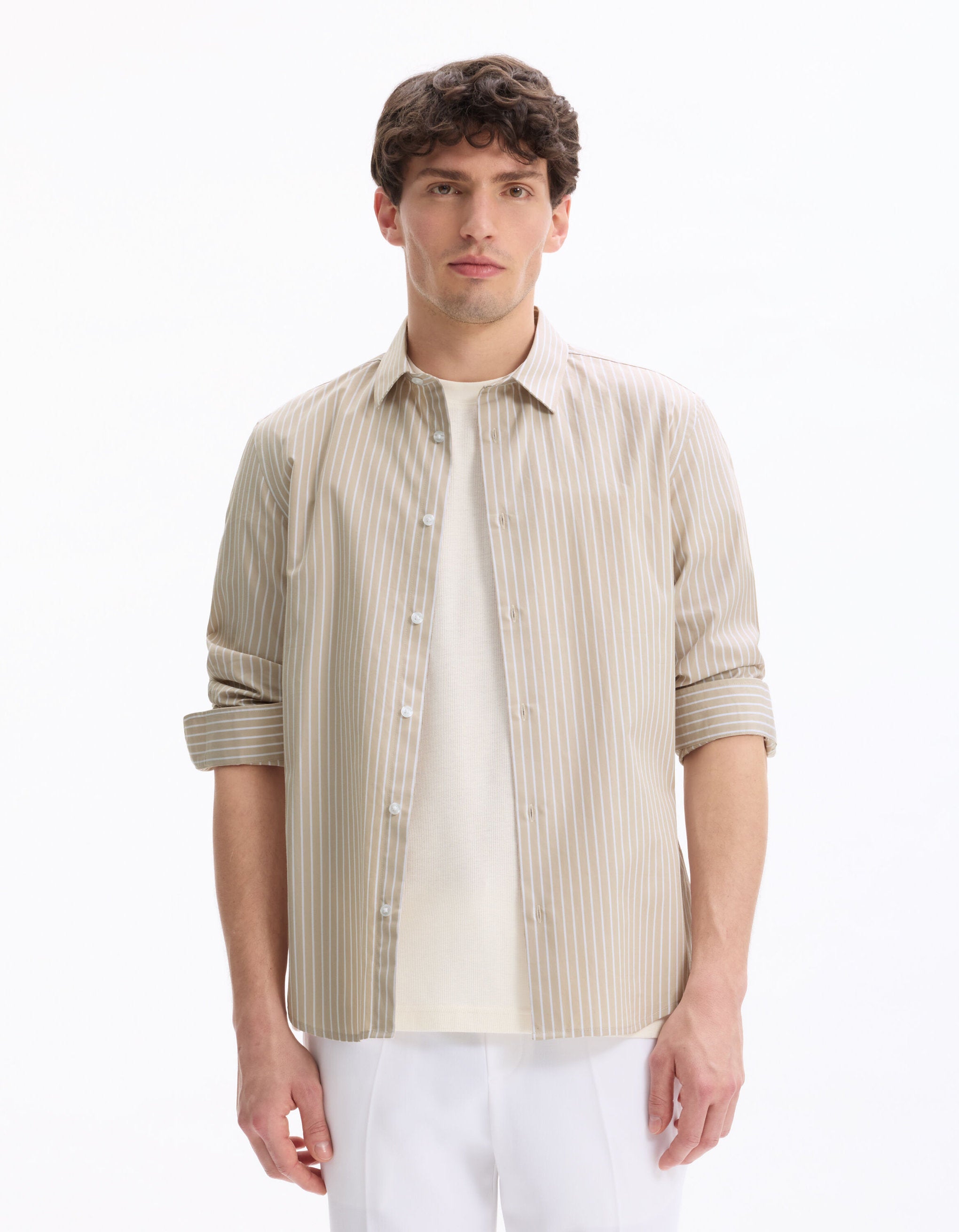 Celio_Beige Regular 100% Cotton Striped Shirt_LABANK_BEIGE_01