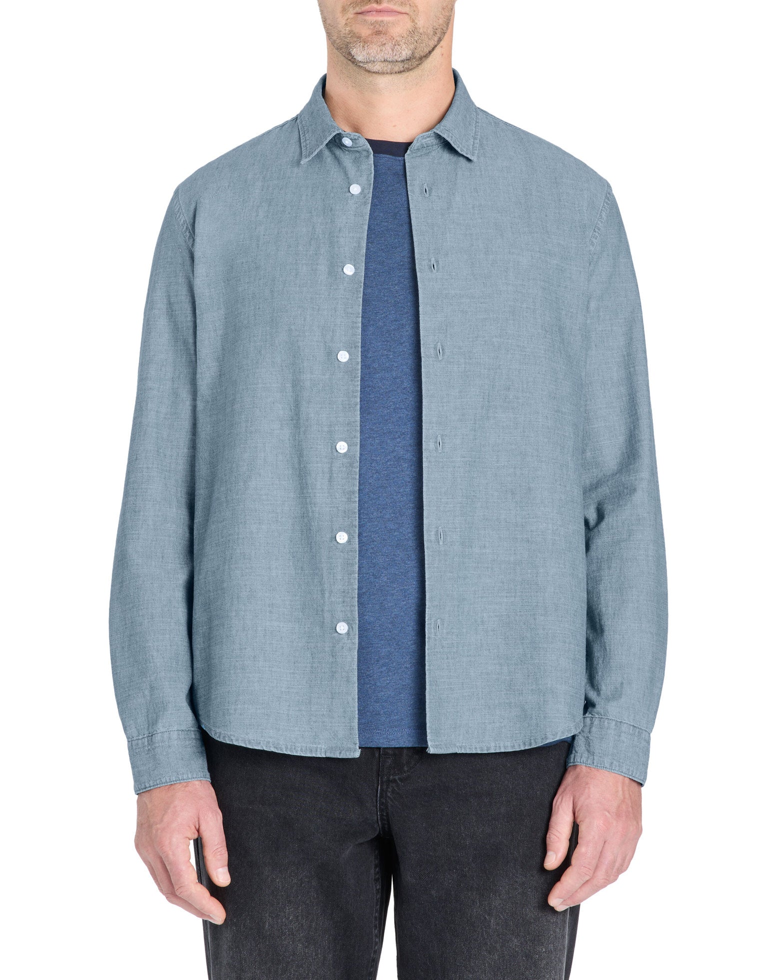 Celio_Regular Shirt in 100% Cotton Chambray - Blue_LACHAMBRAY_BLUE CHAMBRAY_01
