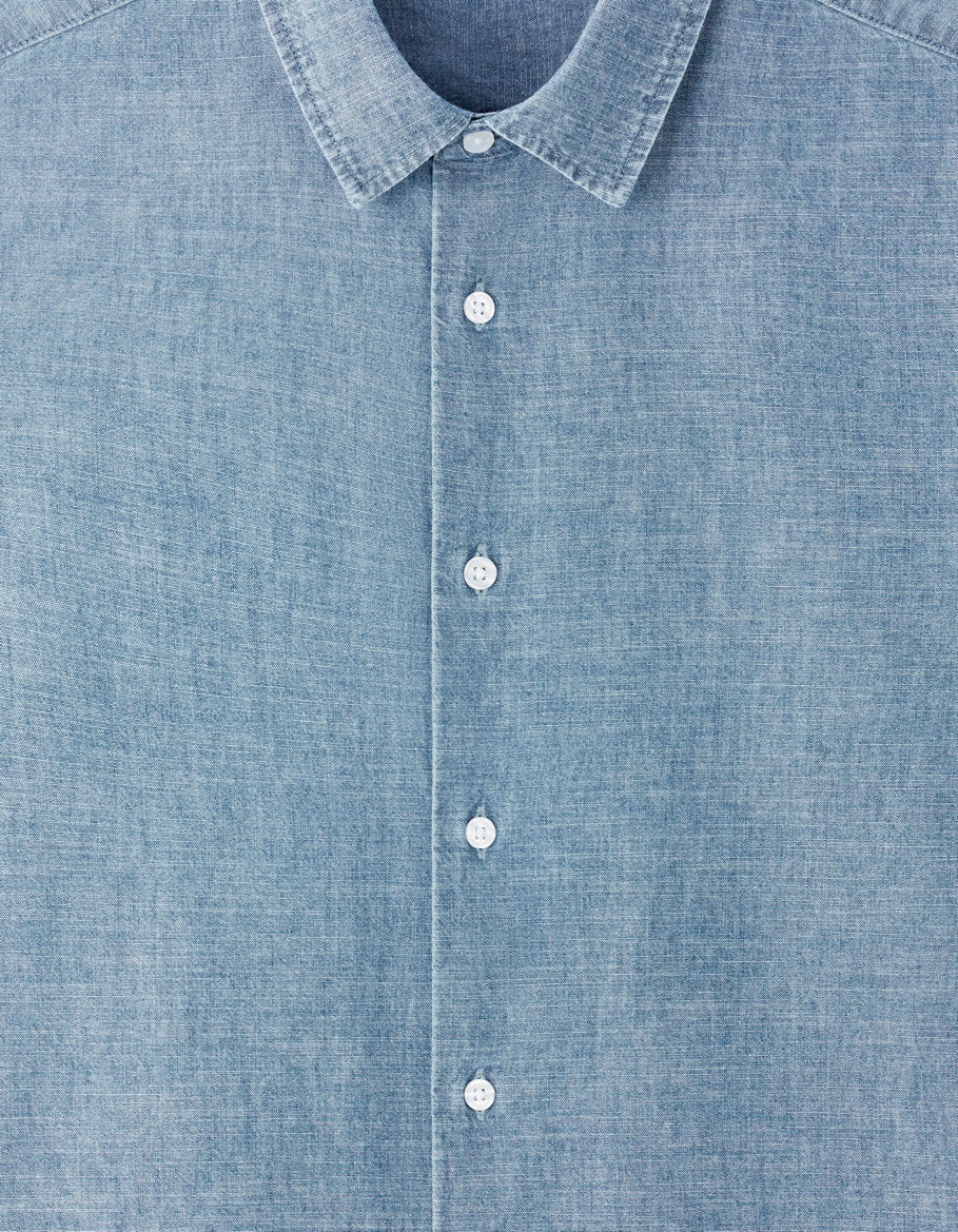 Celio_Regular Shirt in 100% Cotton Chambray - Blue_LACHAMBRAY_BLUE CHAMBRAY_06