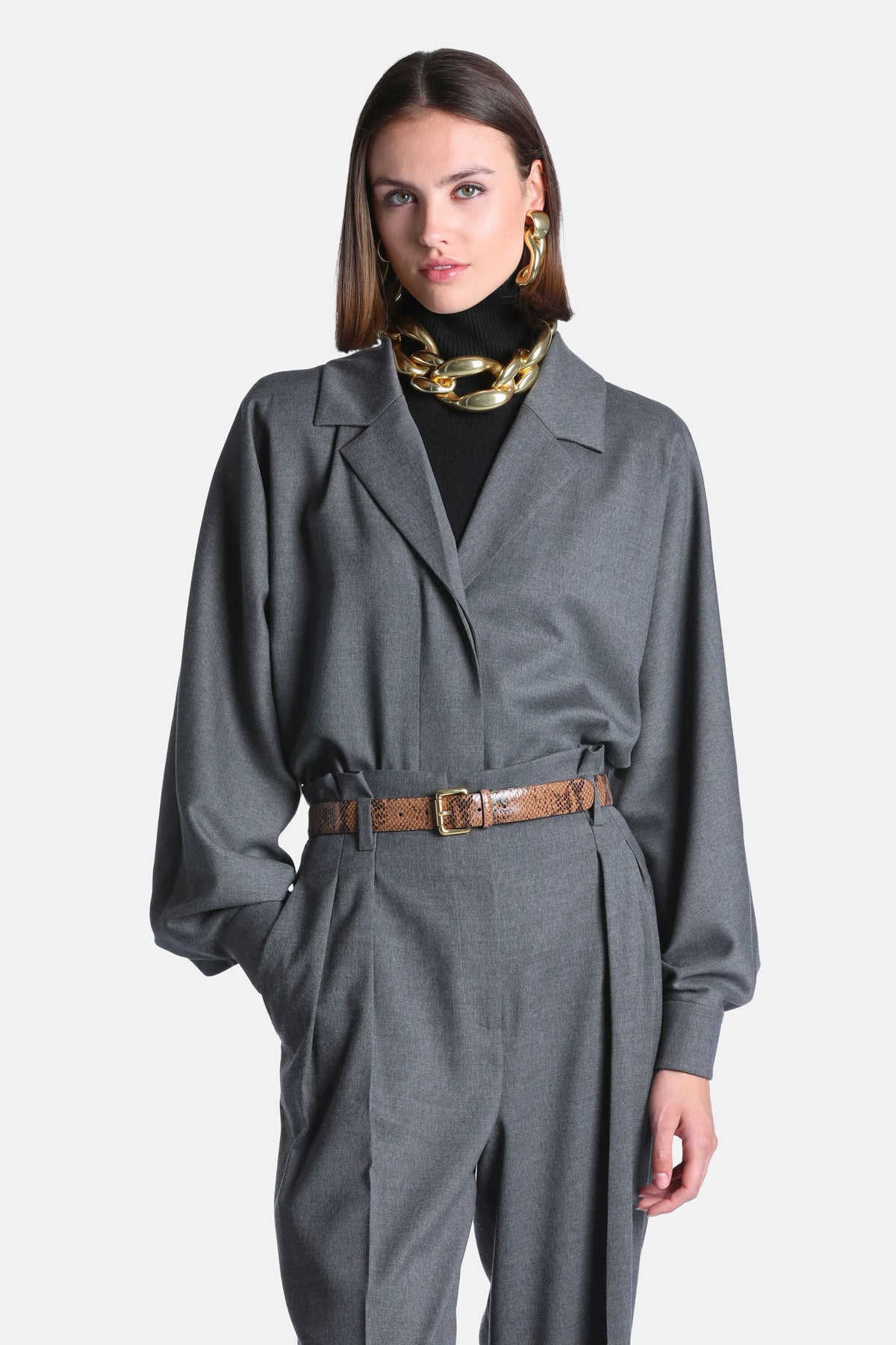 Luisa Spagnoli Grigio Melange Women Ladulas - Wool-Blend Shirt with Lapel Collar - Fashion Show SKU: LADULAS_0813 Image 01