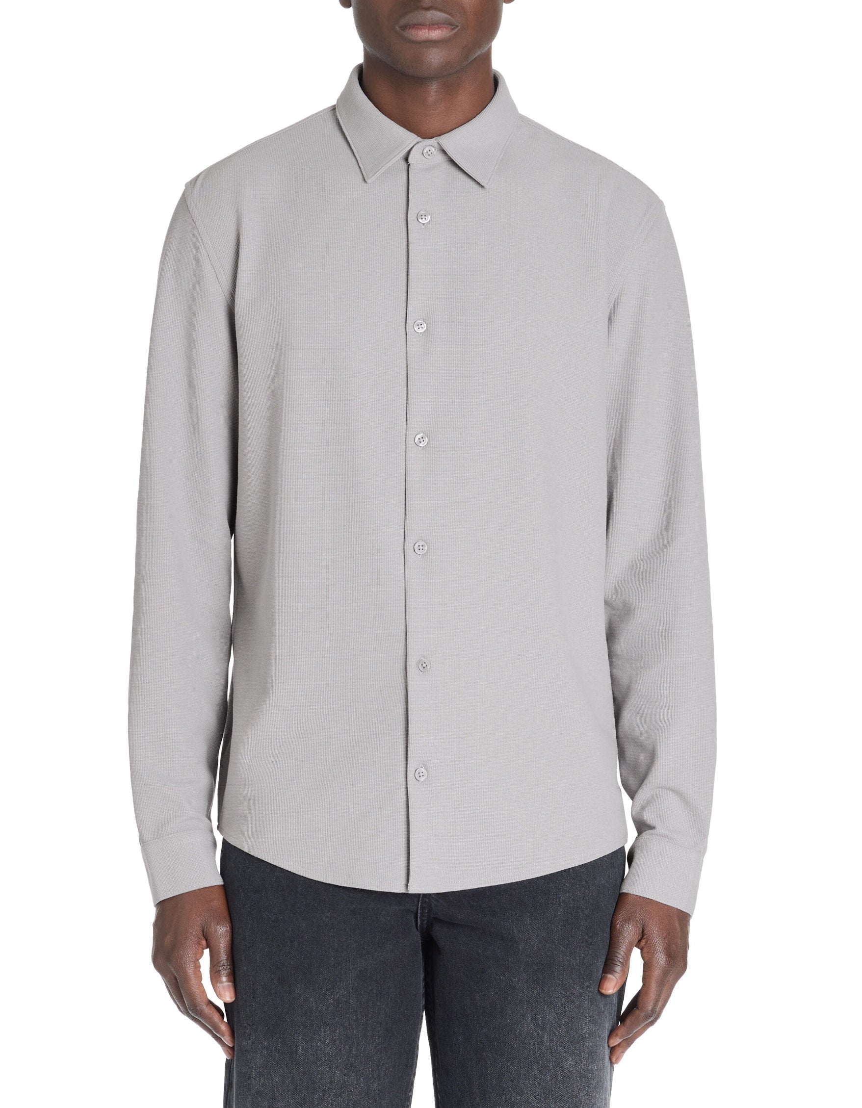 Celio_Regular Shirt in Stretch Cotton Waffle Knit - Gray_LAWAFI_LIGHT GREY_01