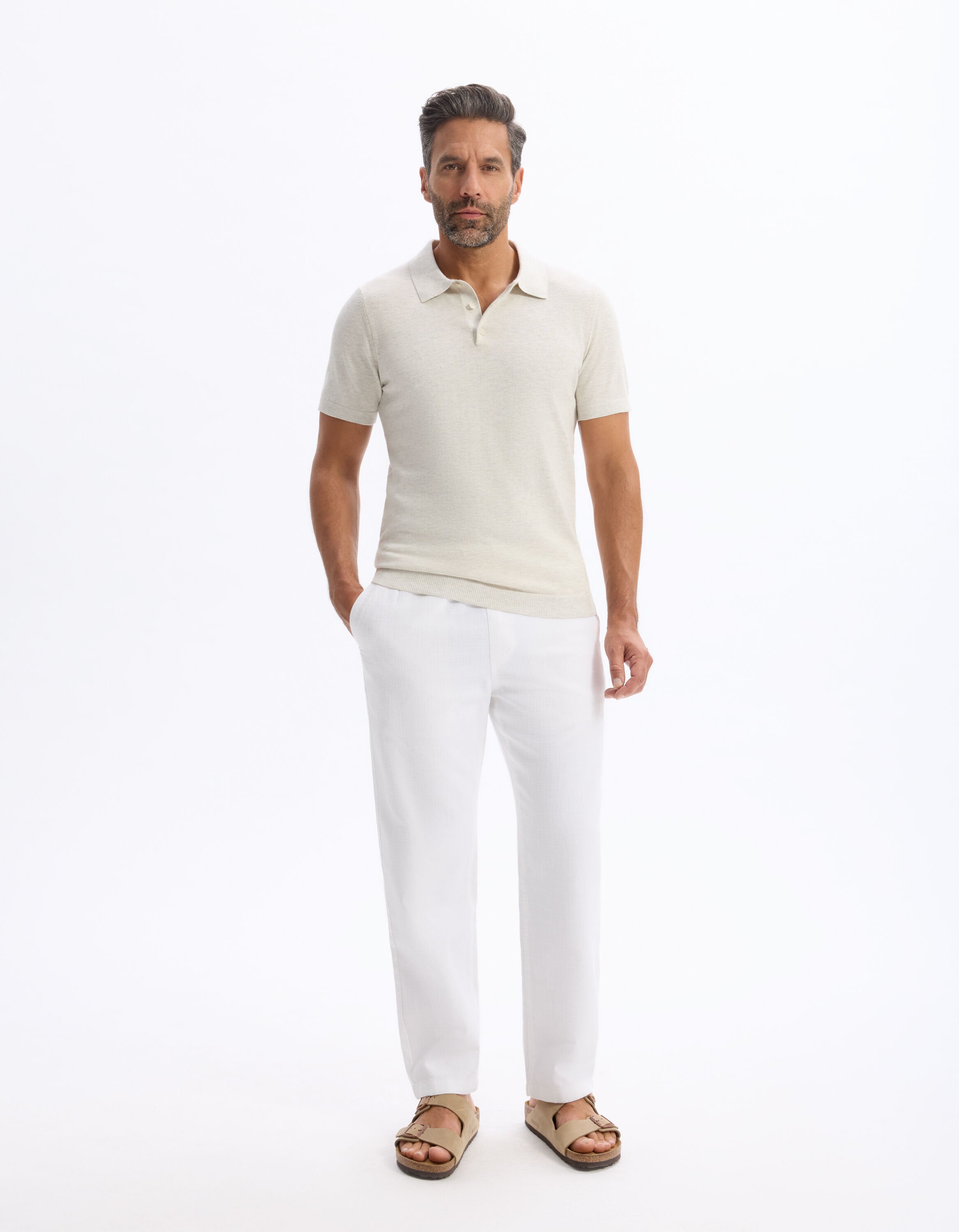 Celio_Ecru Slim Polo Shirt in Cotton Blend Knit_LECLOVIS_ECRU MEL_01