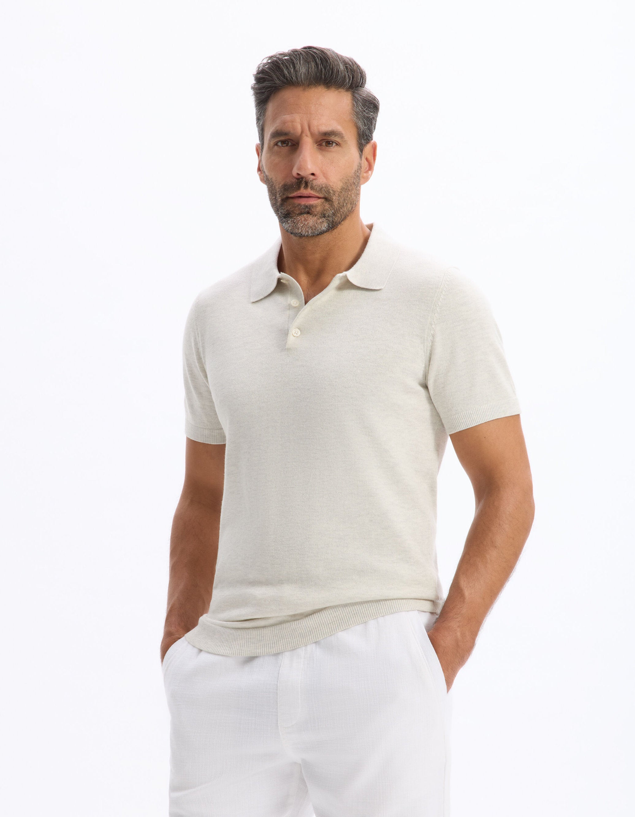 Celio_Ecru Slim Polo Shirt in Cotton Blend Knit_LECLOVIS_ECRU MEL_02