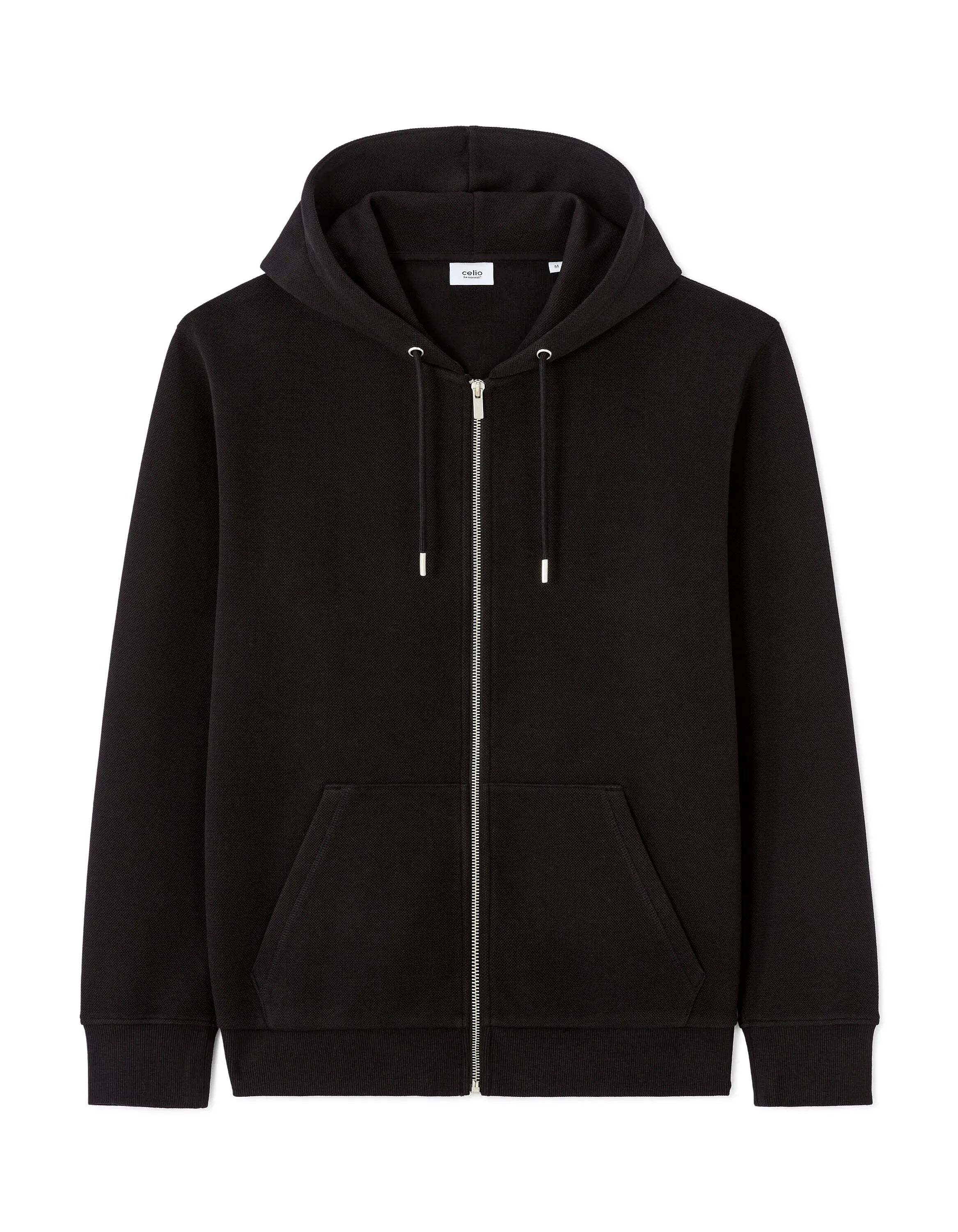 Celio_Black_Regular-Fit Pique Zip-Up Hoodie_LEPIQUET_BLACK_05