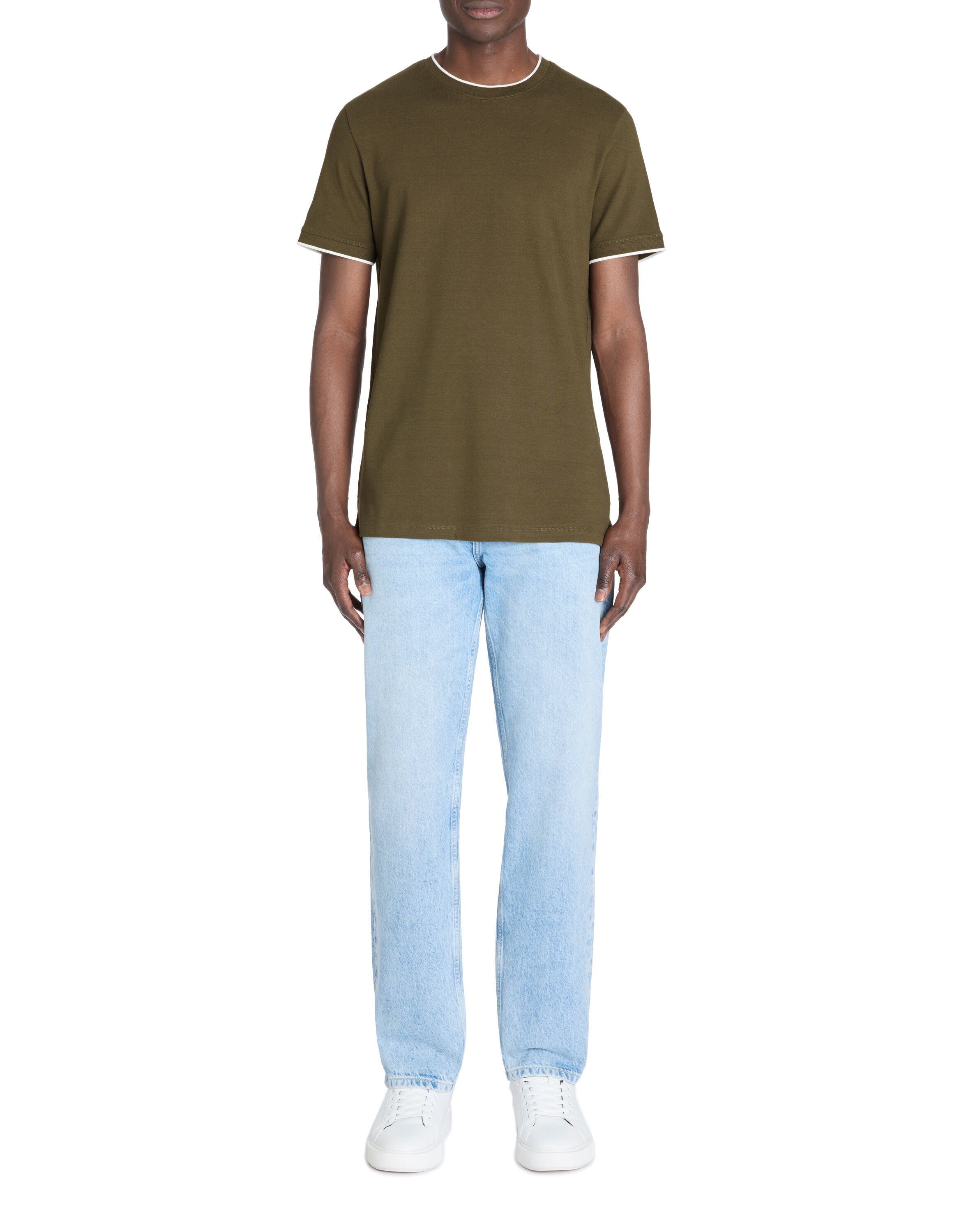 Celio_Khaki Straight Striped Collar T-Shirt in Stretch Cotton_LETERAYE_KHAKI_01