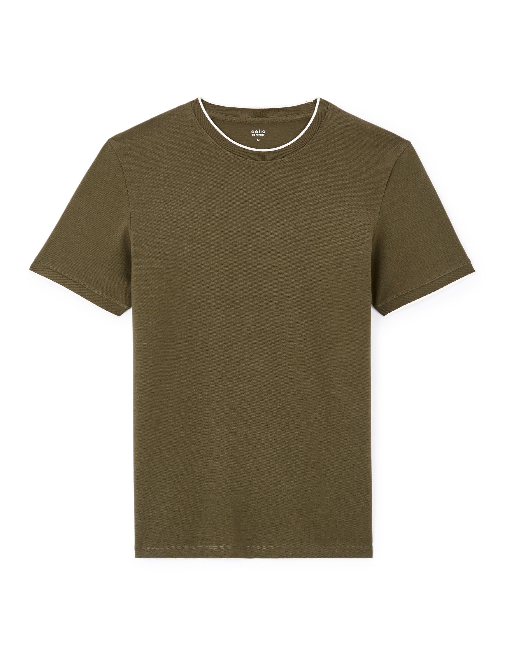 Celio_Khaki Straight Striped Collar T-Shirt in Stretch Cotton_LETERAYE_KHAKI_04