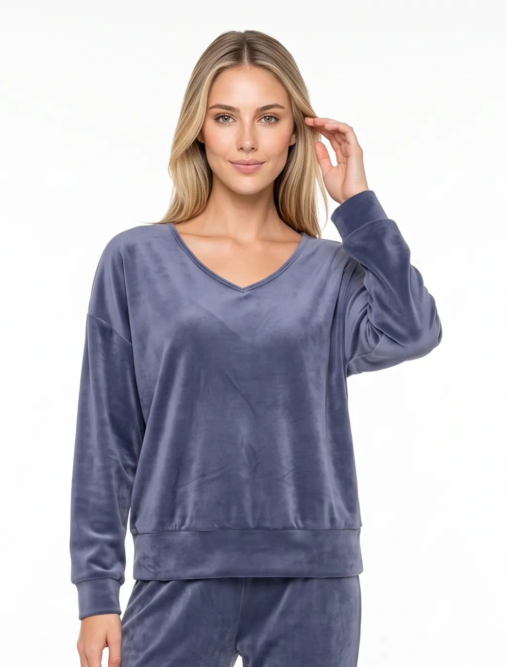 Marie France Blue Grey Women Velvet Chic Top SKU: LWVELVETCHICTOP_BLUE GREY Image 01