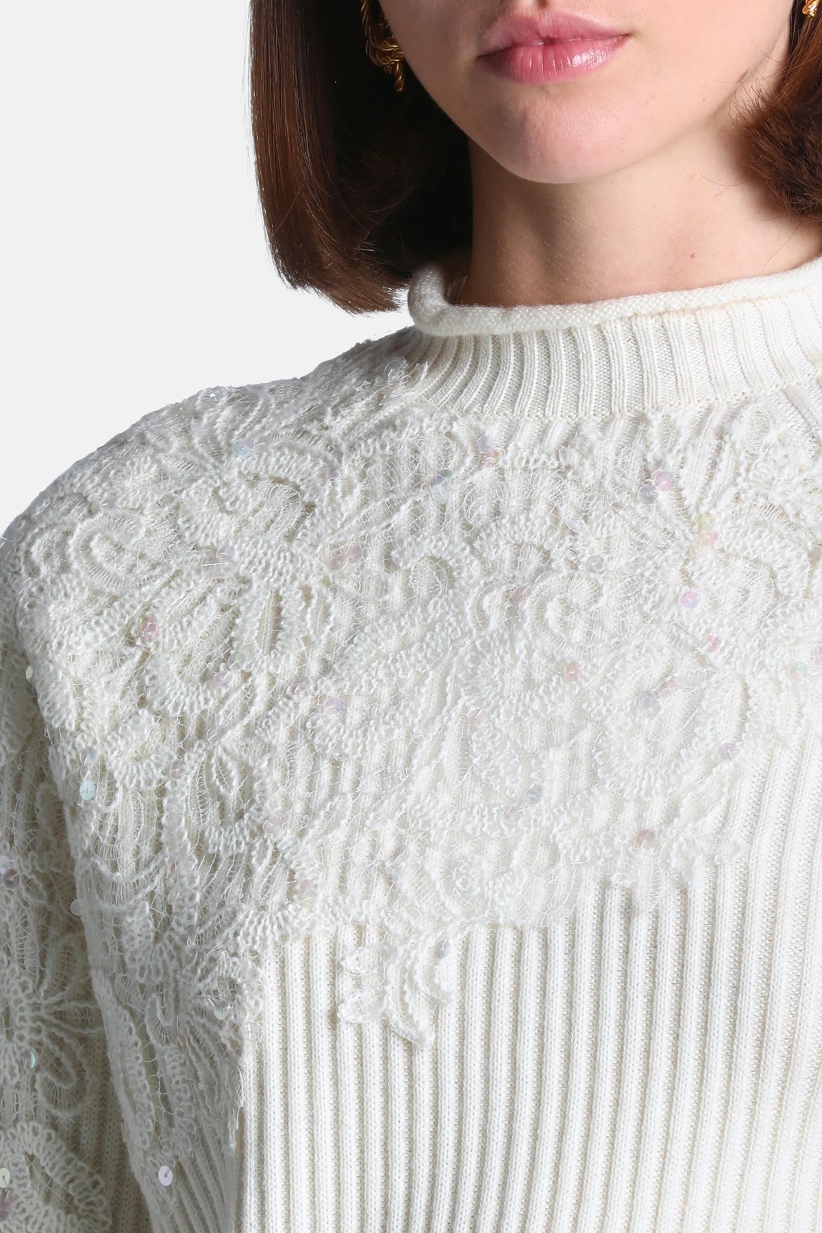 Luisa Spagnoli Panna/Panna Women Maestosita Sweater with Yarn Embroidery and Sequins SKU: MAESTOSITA_0202 0202 Image 04