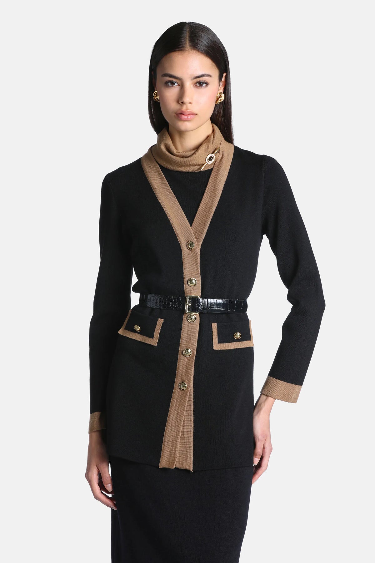 Luisa Spagnoli Nero/Cammello Women Malvia - Long Cardigan with Contrast Trims SKU: MALVIA_0101 2246 Image 02