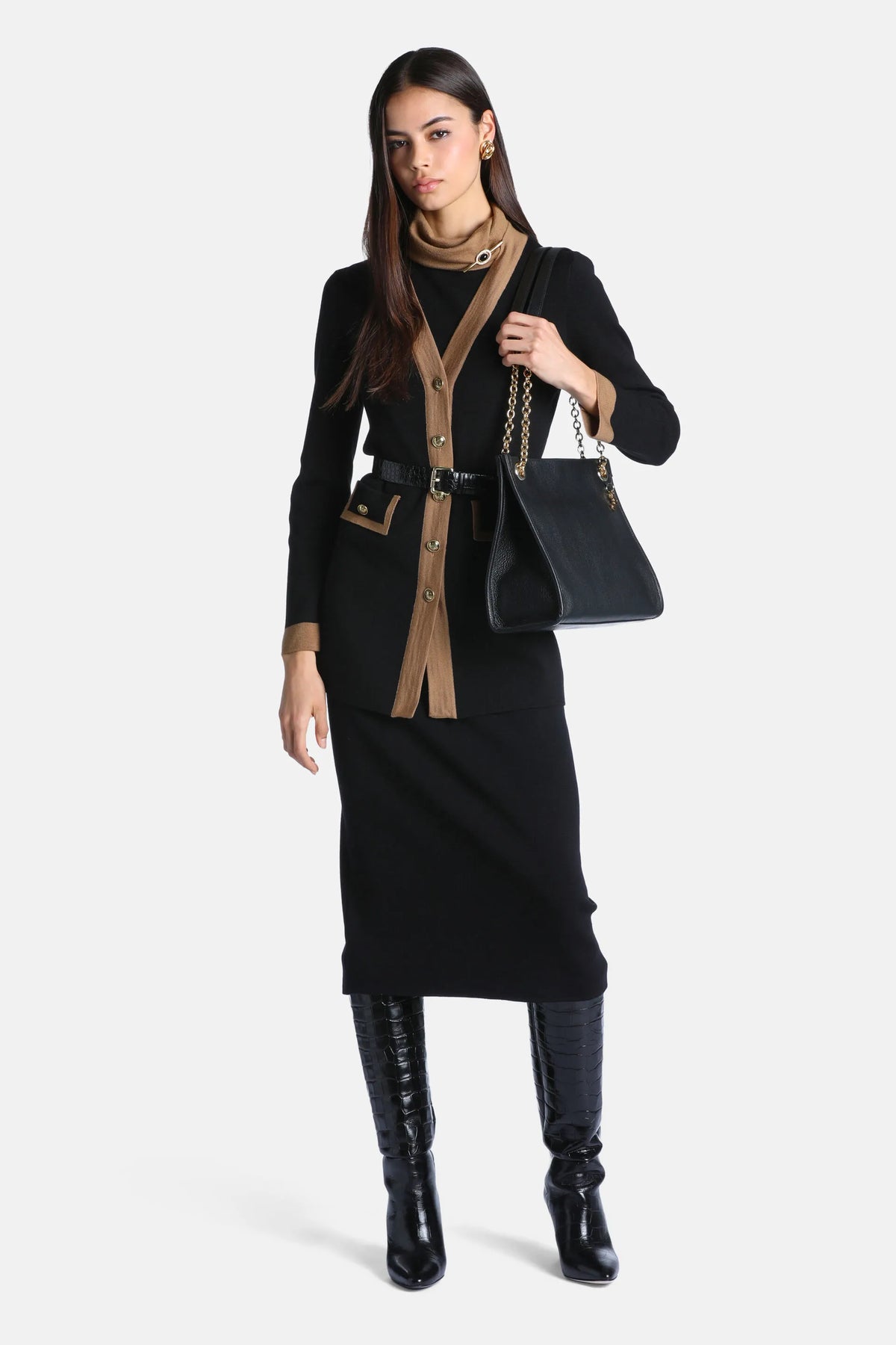 Luisa Spagnoli Nero/Cammello Women Malvia - Long Cardigan with Contrast Trims SKU: MALVIA_0101 2246 Image 06