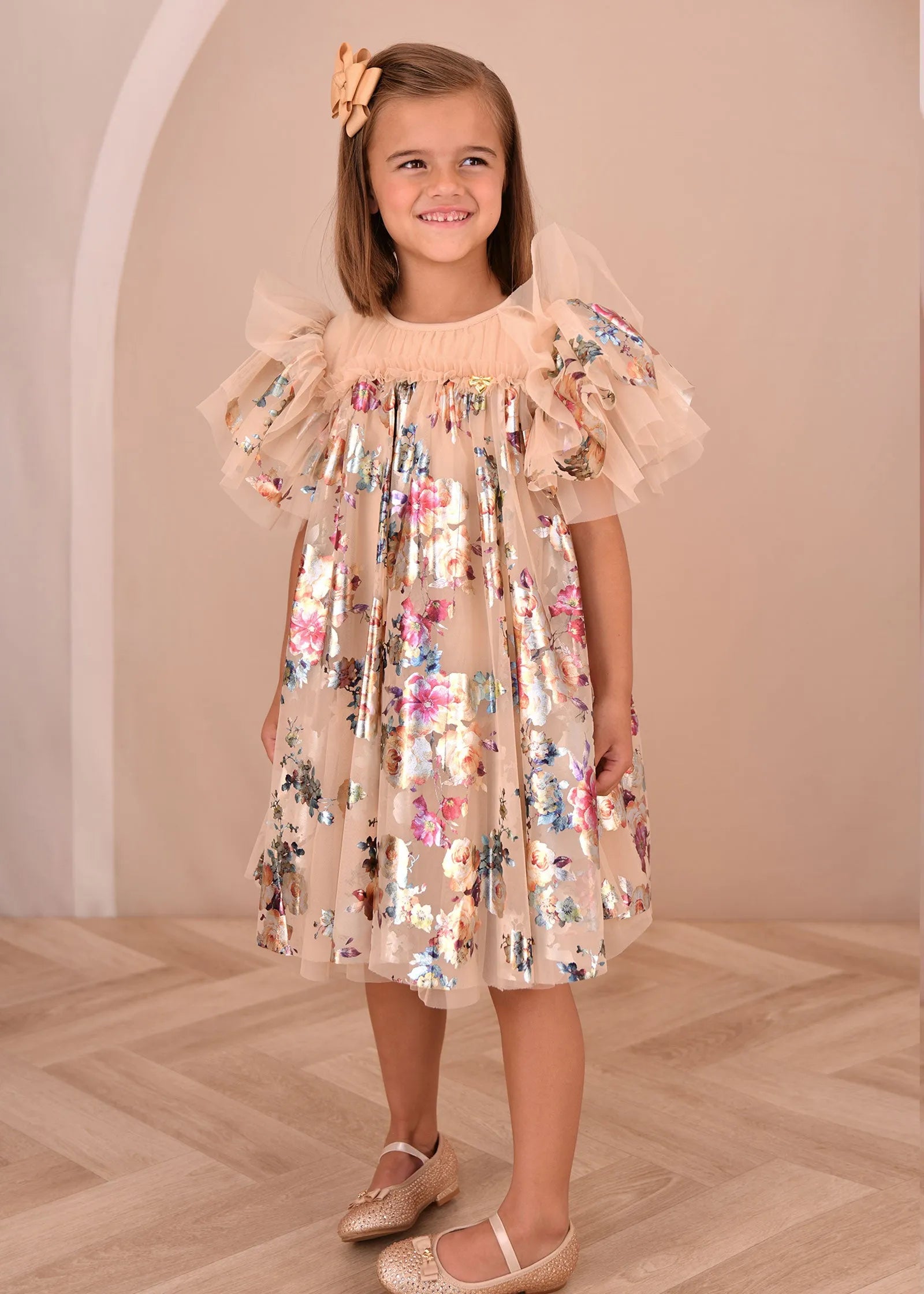Angels Face 0 Girls Marlowe Foil Floral Print Dress Gold SKU: MARLOWE_Gold Image 04
