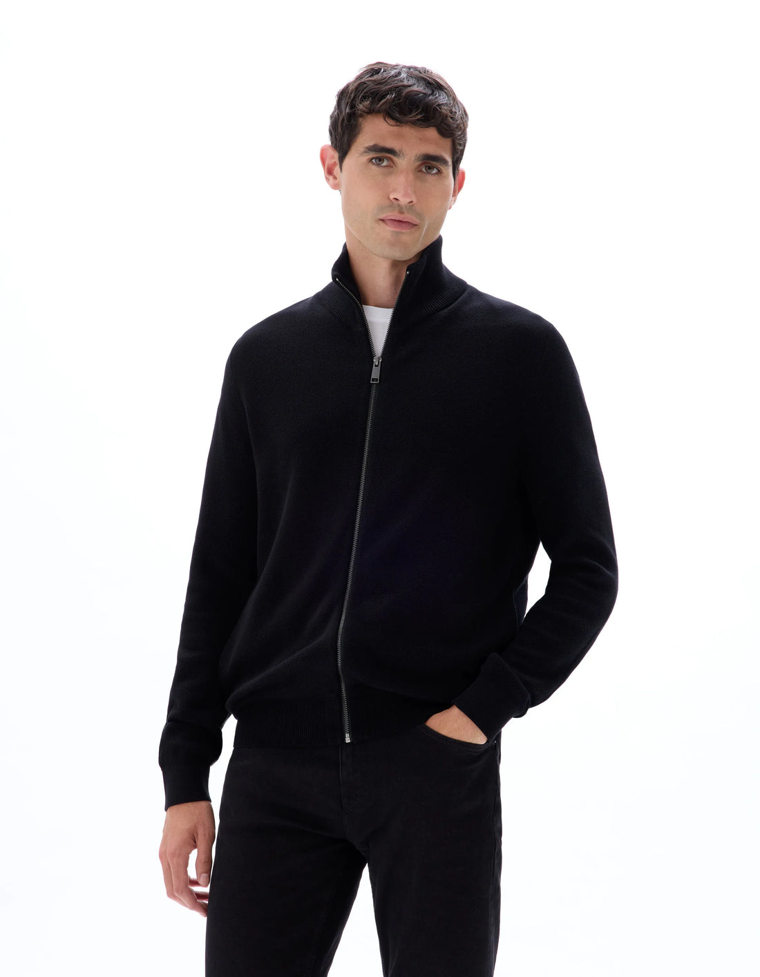 Celio_Black_100% Cotton Zip-Up Cardigan with Trucker Collar_MELIMZIP_BLACK_02