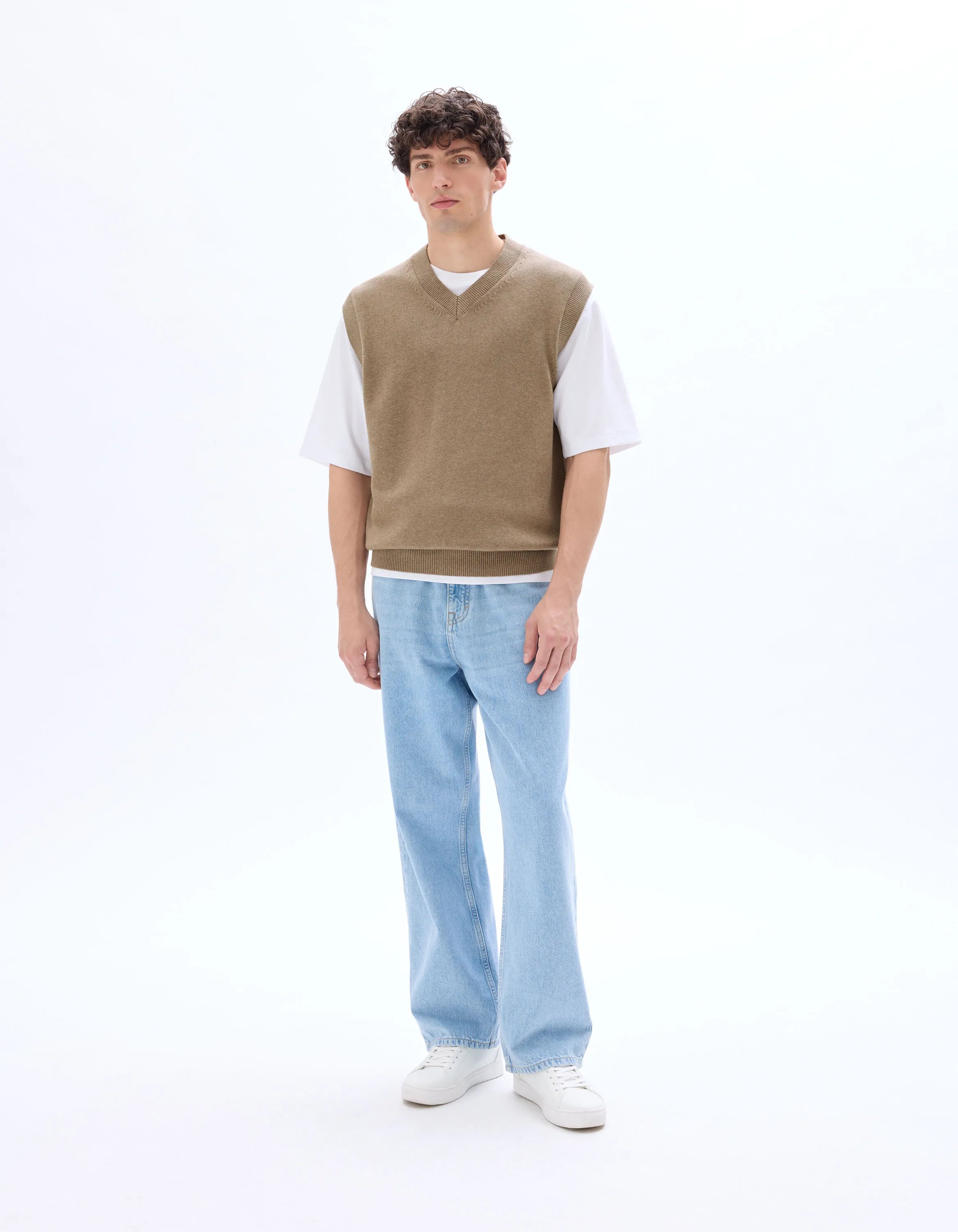 Celio_Beige Humus Mel_Sleeveless V-Neck Sweater 100% Cotton_MENIGHT_BEIGE HUMUS MEL_01