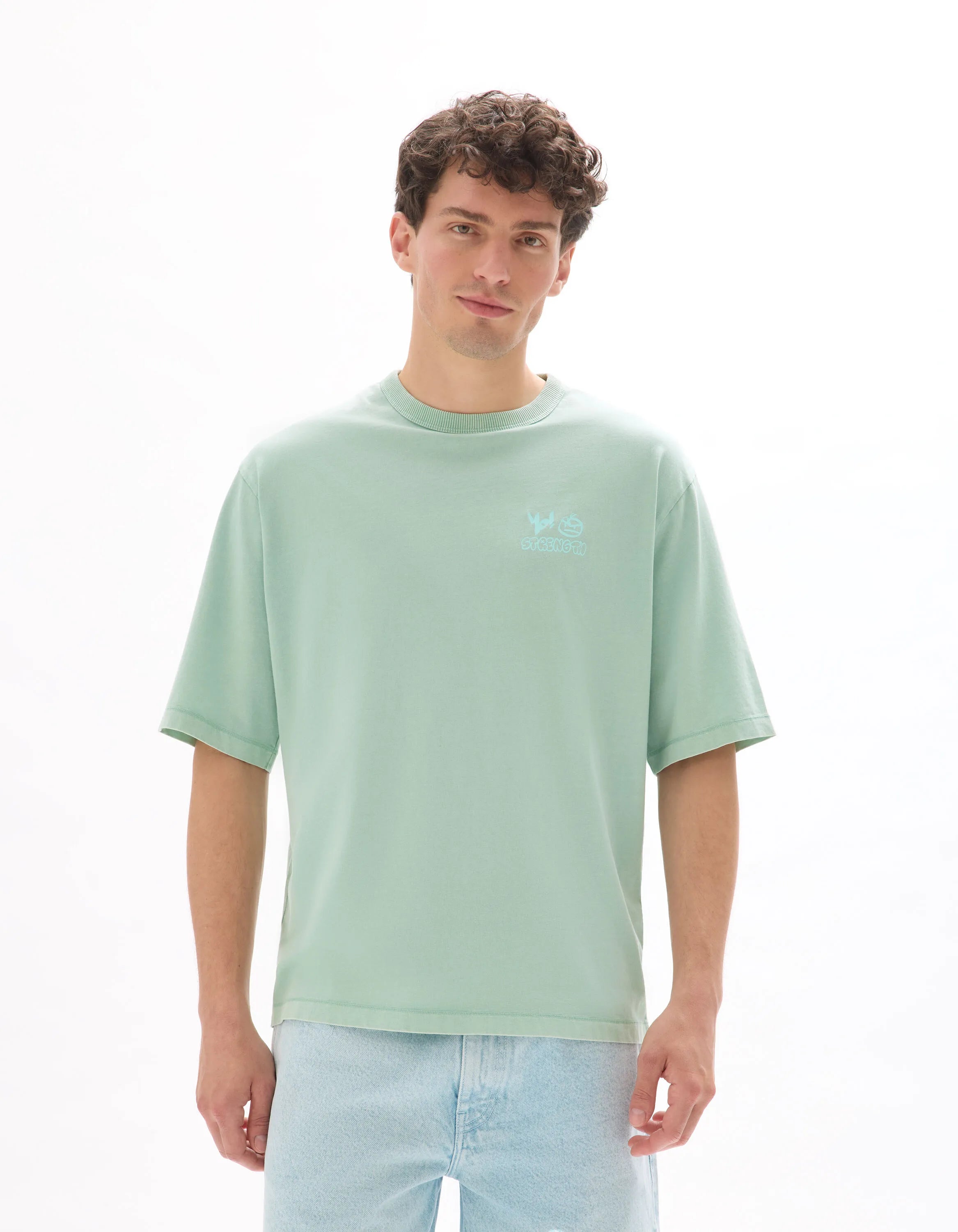 Celio_Mint_Oversized Crew Neck T-Shirt in 100% Cotton with Print_MEVACAY_MINT_02