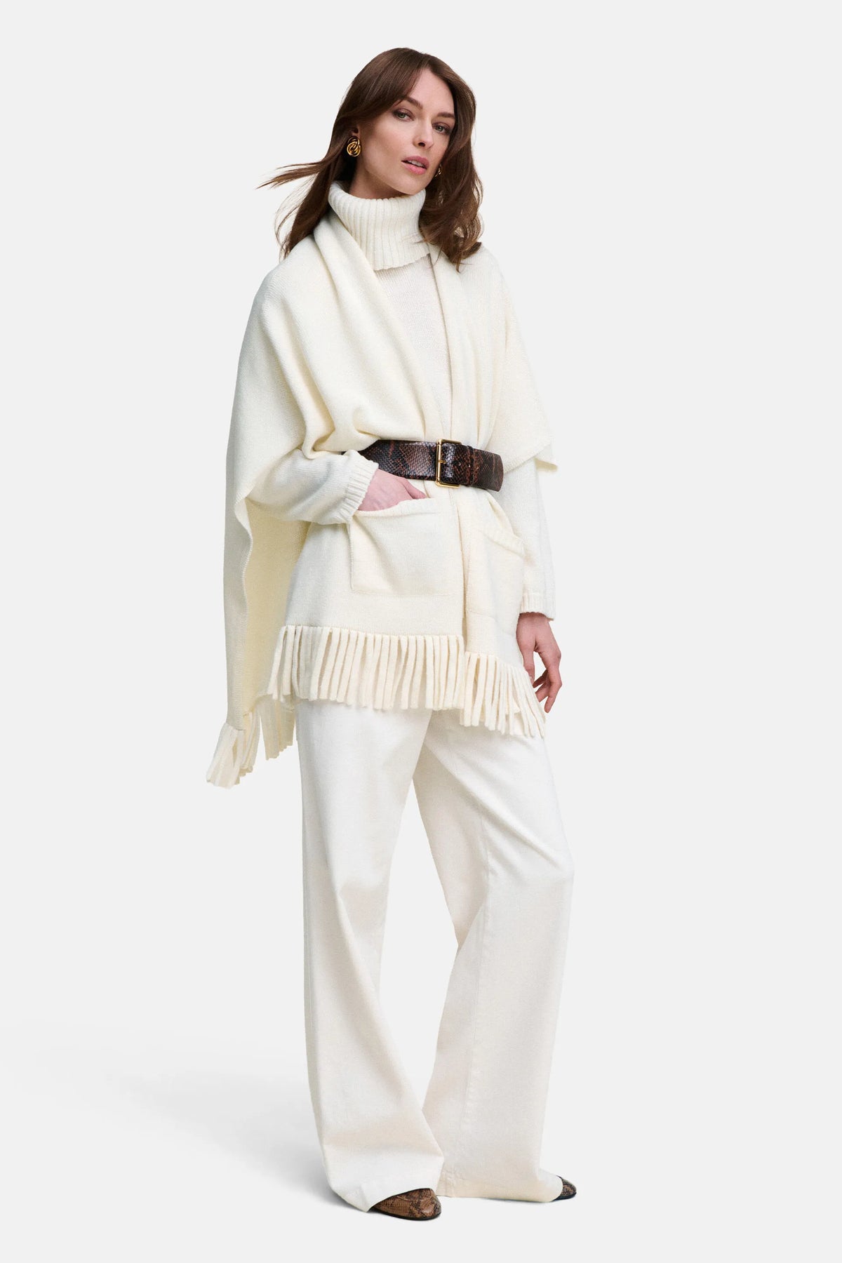 Luisa Spagnoli Panna Women Mira - Fringed Wool-Blend Cape SKU: MIRA_0202 Image 01