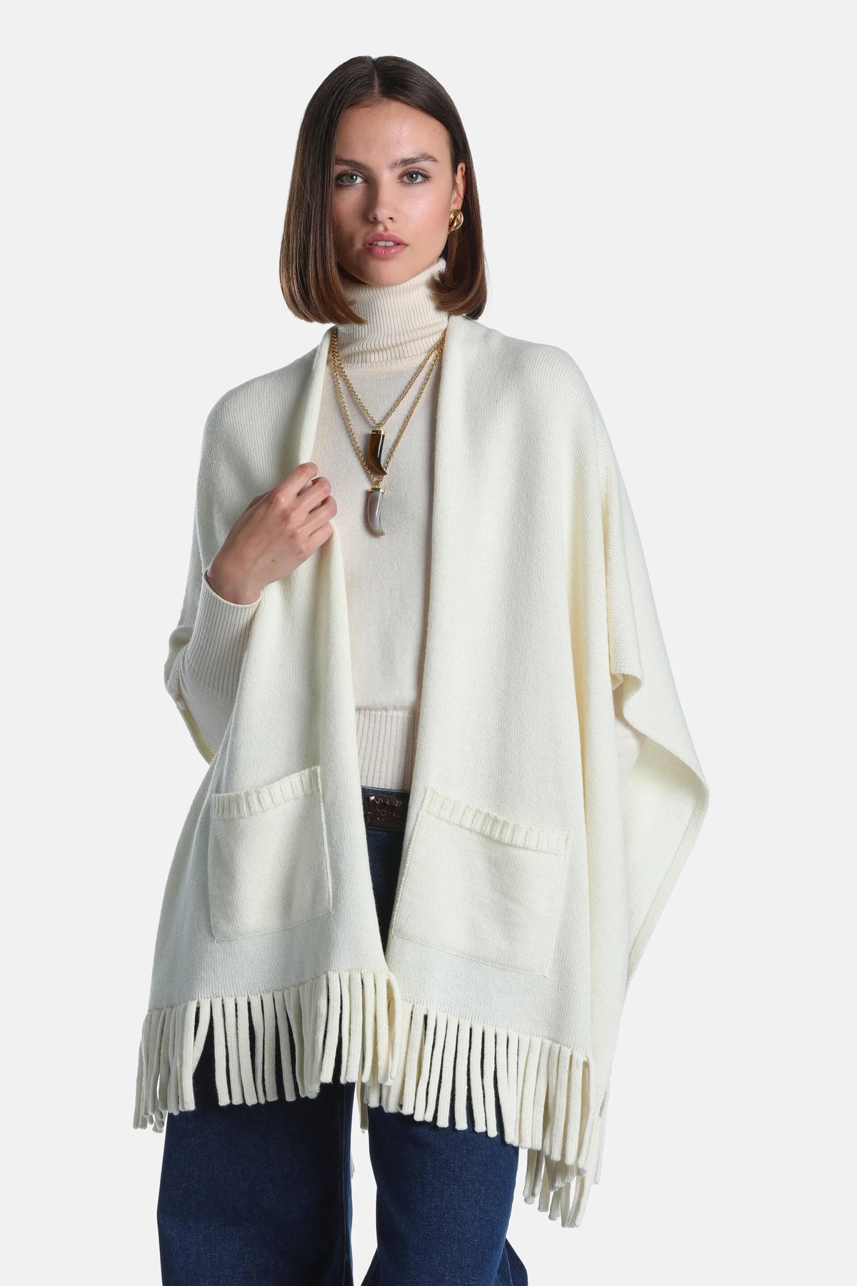 Luisa Spagnoli Panna Women Mira - Fringed Wool-Blend Cape SKU: MIRA_0202 Image 02