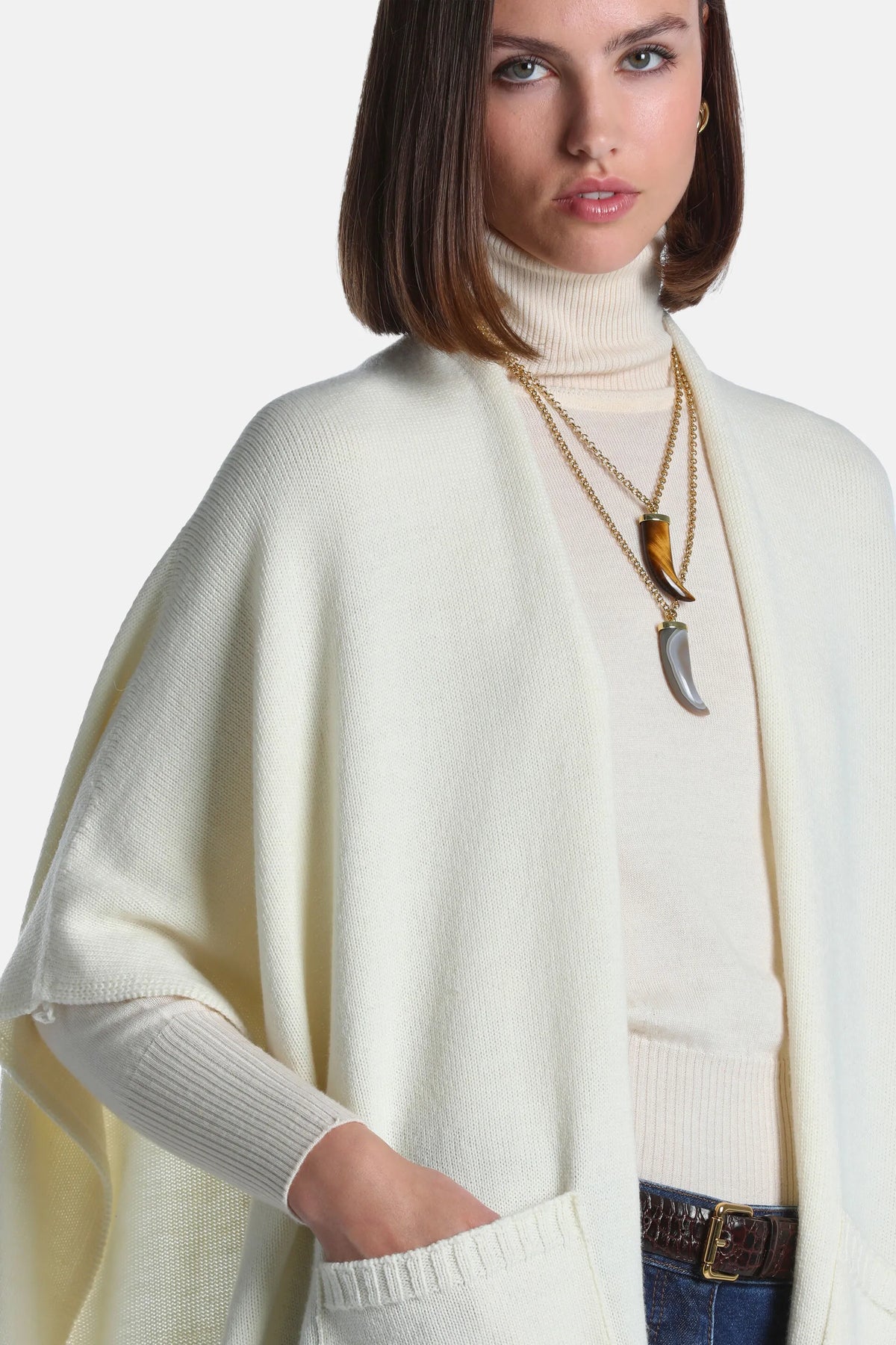 Luisa Spagnoli Panna Women Mira - Fringed Wool-Blend Cape SKU: MIRA_0202 Image 04