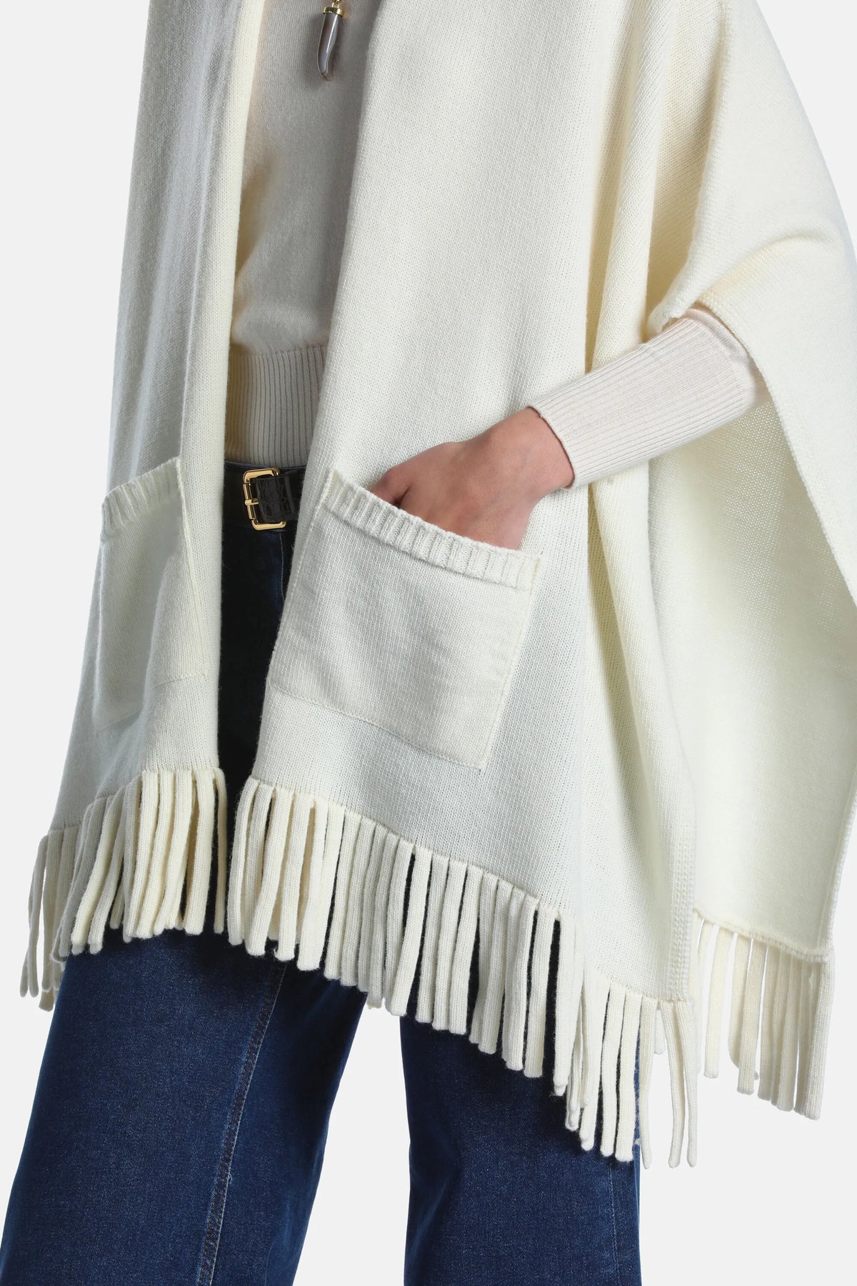 Luisa Spagnoli Panna Women Mira - Fringed Wool-Blend Cape SKU: MIRA_0202 Image 05