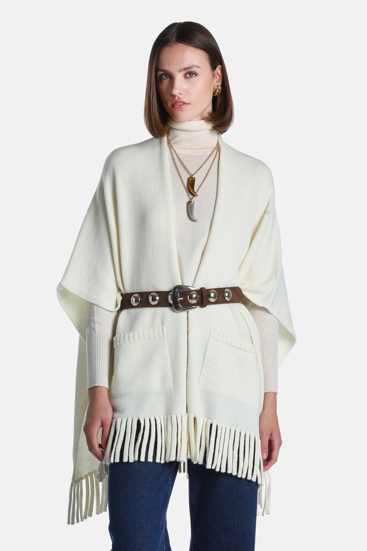 Luisa Spagnoli Panna Women Mira - Fringed Wool-Blend Cape SKU: MIRA_0202 Image 06