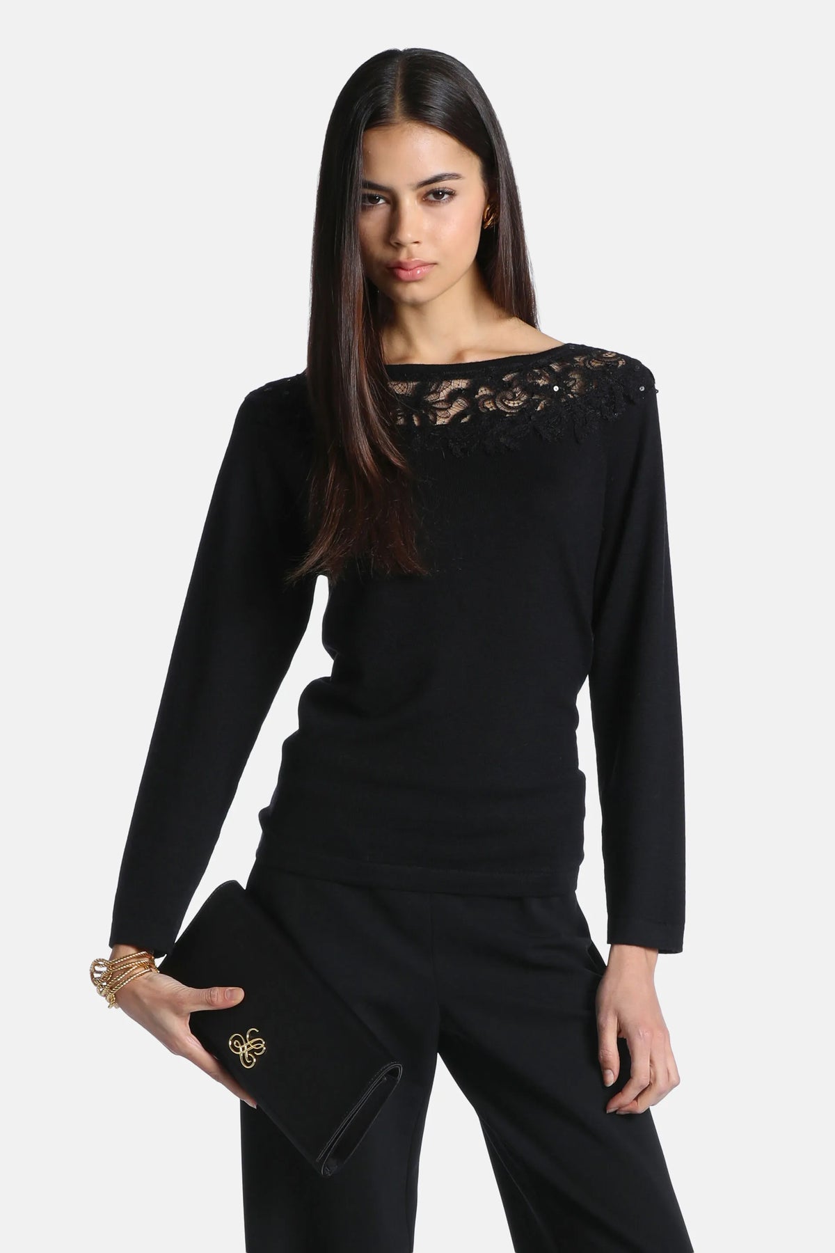 Luisa Spagnoli Nero/Nero Women Murice - Knit Tunic with Lace Insert SKU: MURICE_0101 0101 Image 01
