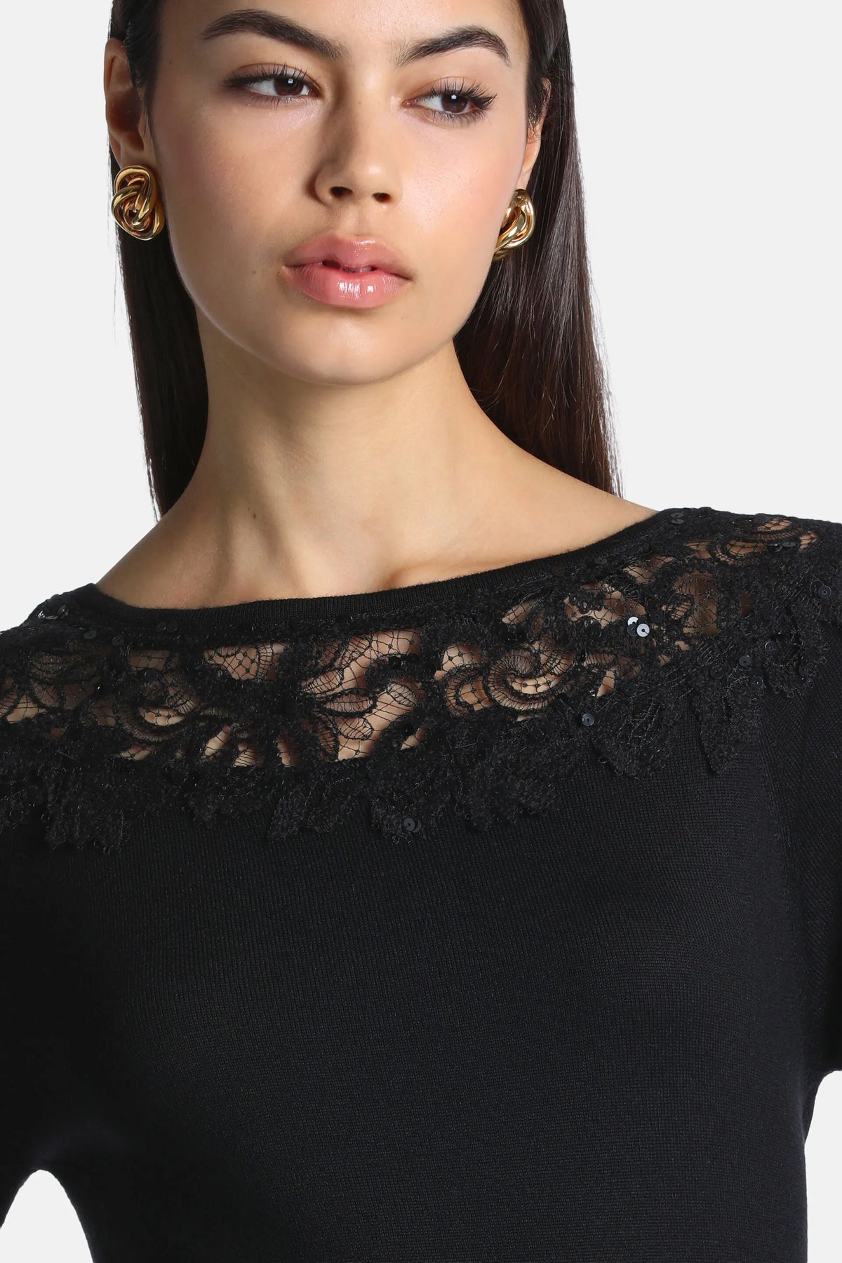 Luisa Spagnoli Nero/Nero Women Murice - Knit Tunic with Lace Insert SKU: MURICE_0101 0101 Image 03