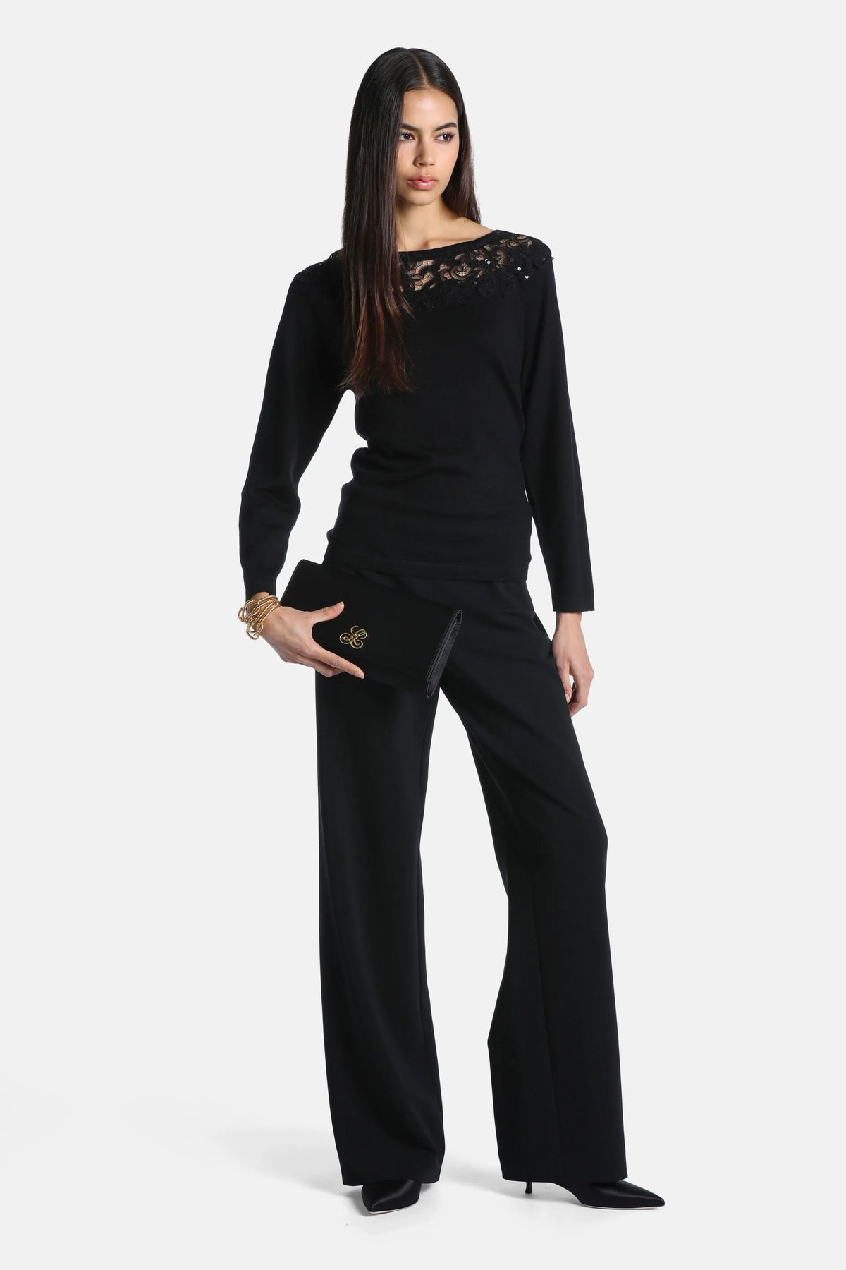 Luisa Spagnoli Nero/Nero Women Murice - Knit Tunic with Lace Insert SKU: MURICE_0101 0101 Image 04