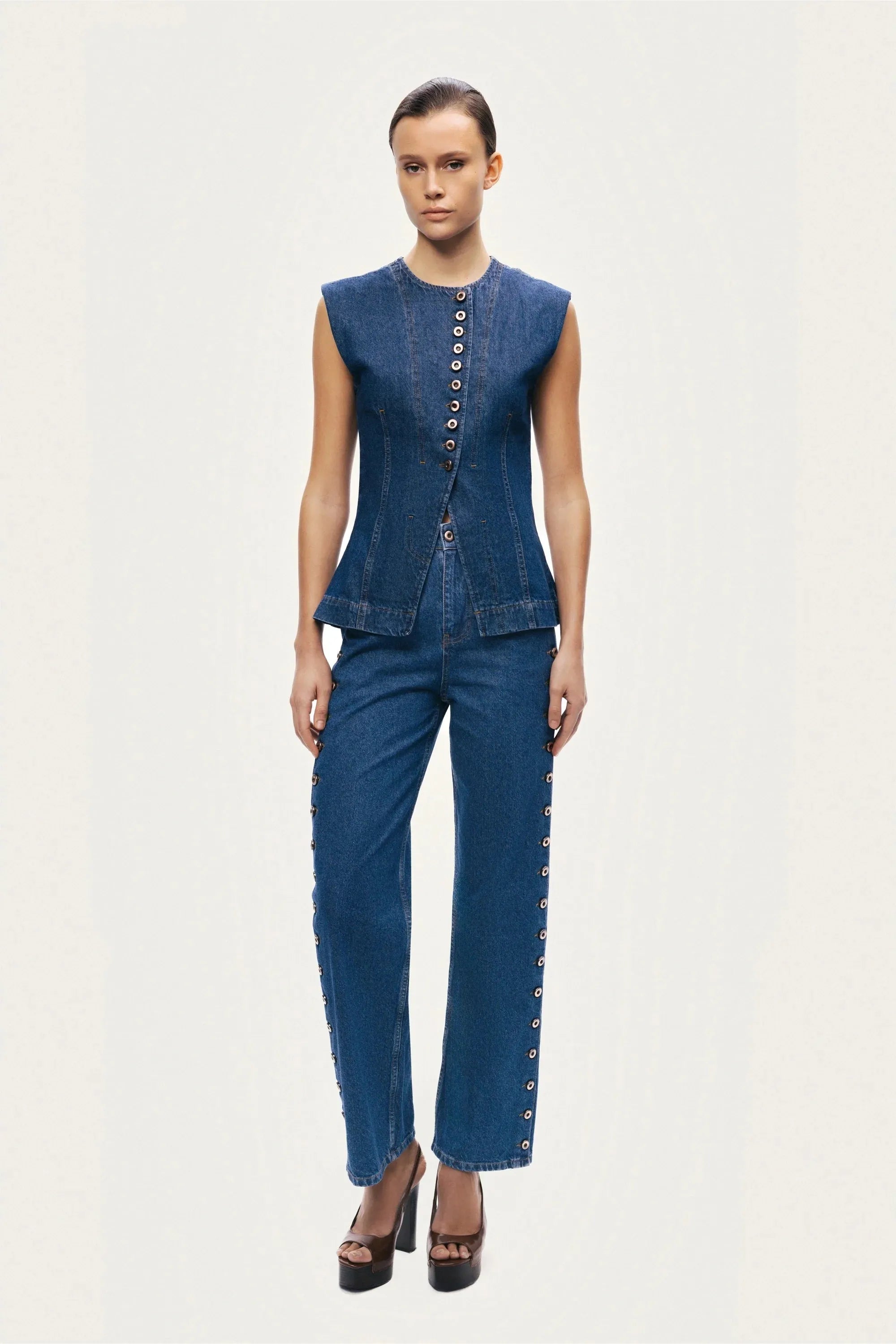 Nocturne Dark Blue Women Eyelet Detail Wide-Leg Denim Pants SKU: N26YD18167_0070 Image 07