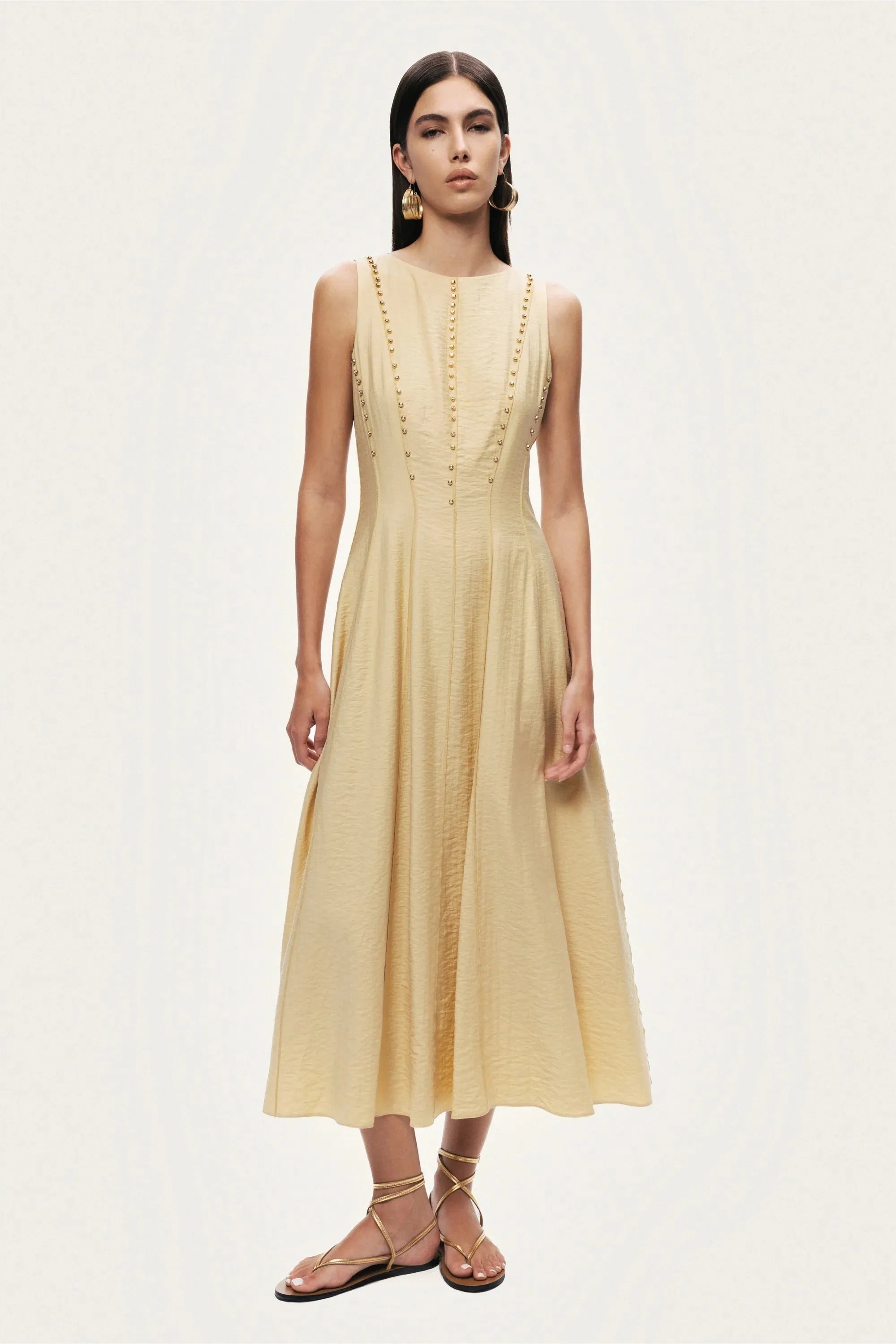 Nocturne Yellow Women Sleeveless Textured Midi Dress SKU: N26YN2760_0013 Image 02