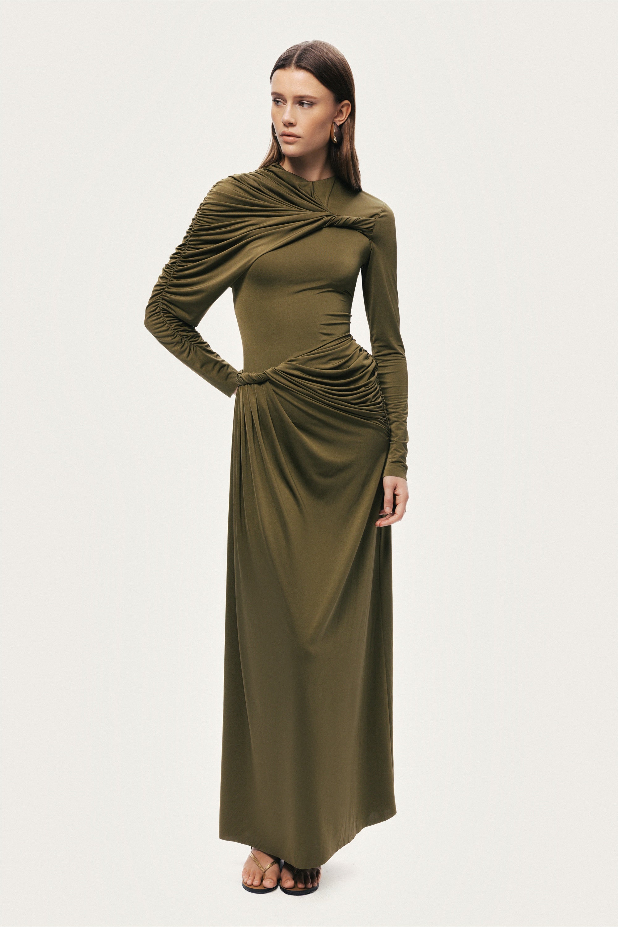 Nocturne Khaki Women Draped Long Sleeve Maxi Dress SKU: N26YN2768_0010 Image 06