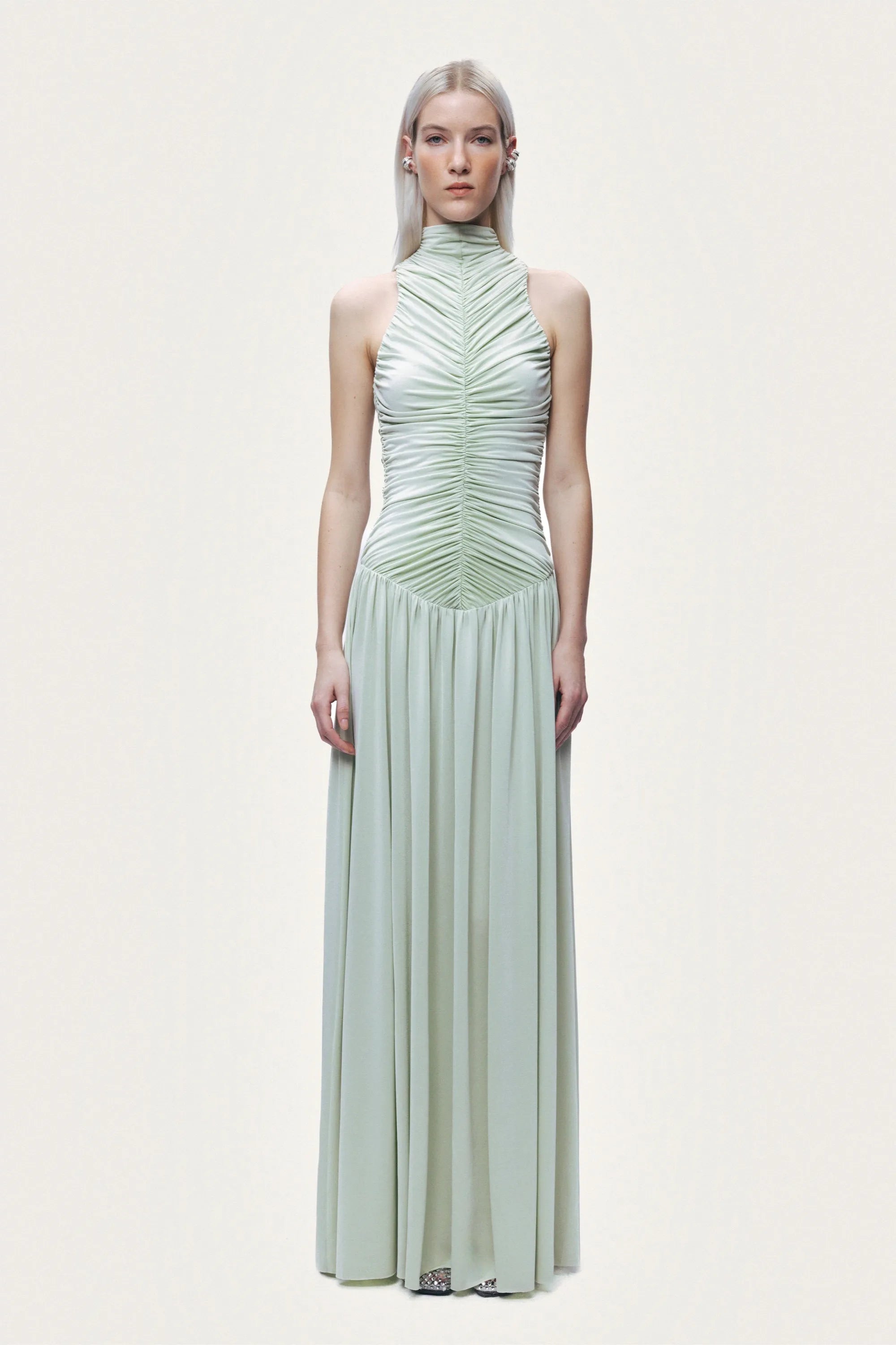 Nocturne Mint Green Women Draped High-Neck Maxi Dress SKU: N26YN2775_0037 Image 02