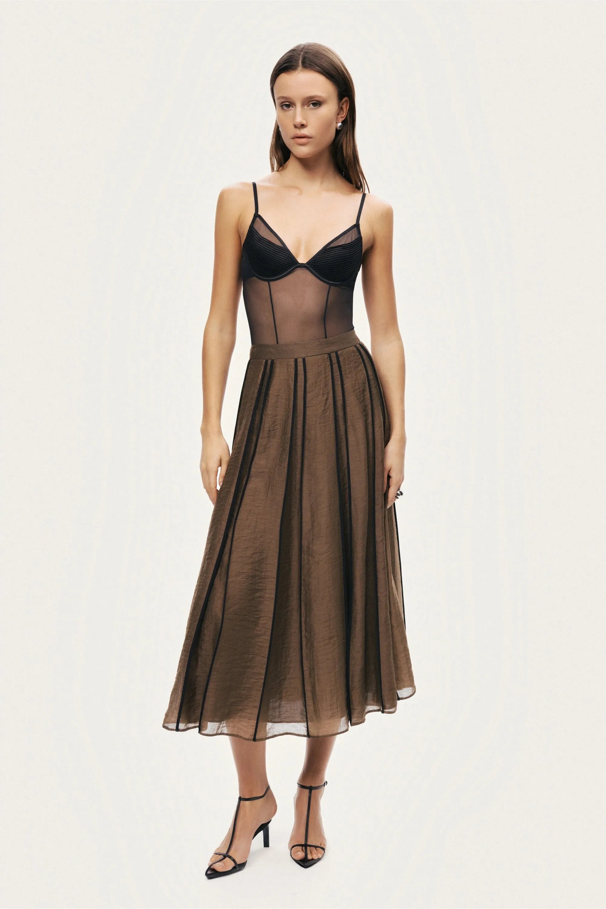 Nocturne Camel Women Sheer Pleated Midi Skirt SKU: N26YN4258_0053 Image 02