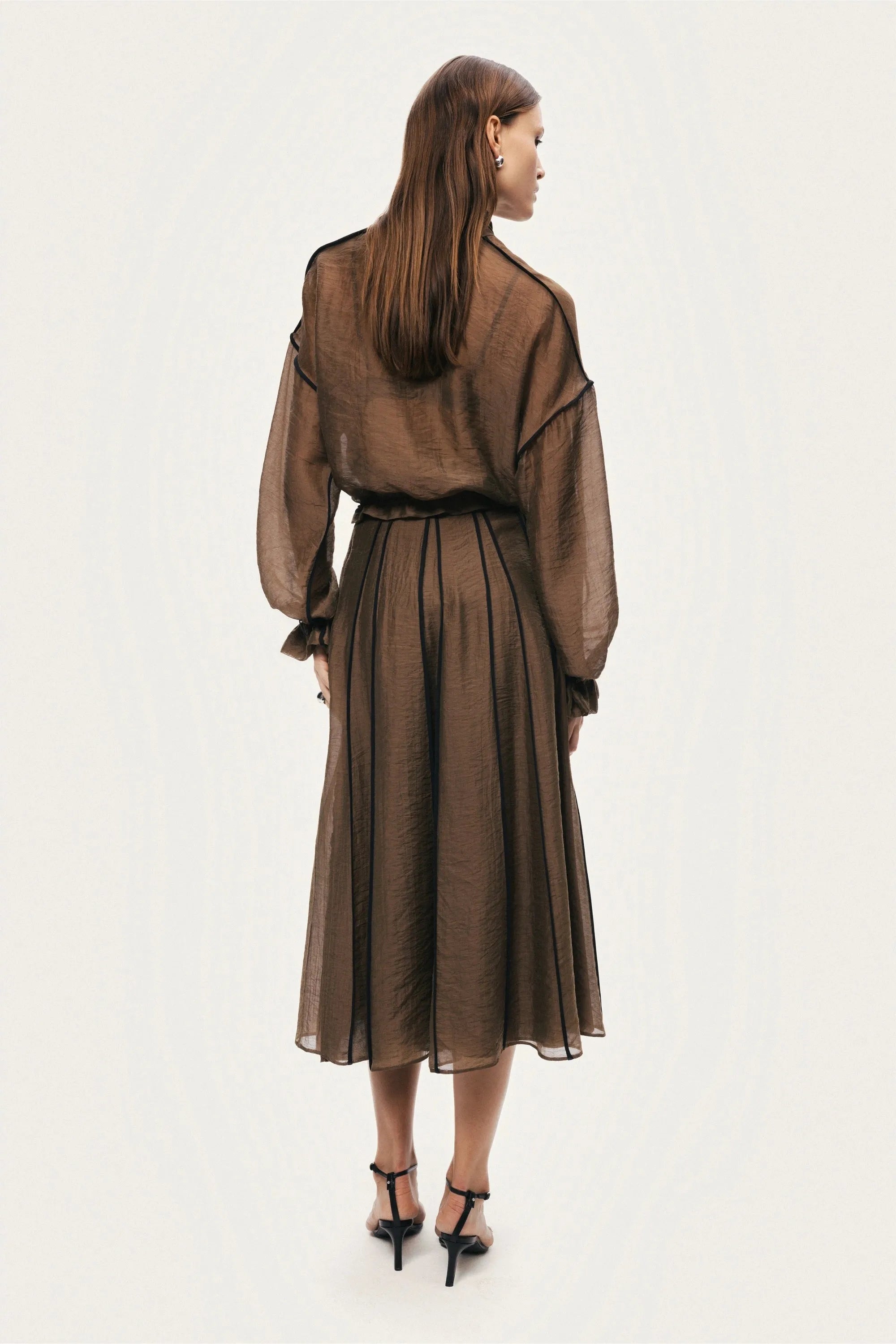 Nocturne Camel Women Sheer Pleated Midi Skirt SKU: N26YN4258_0053 Image 07