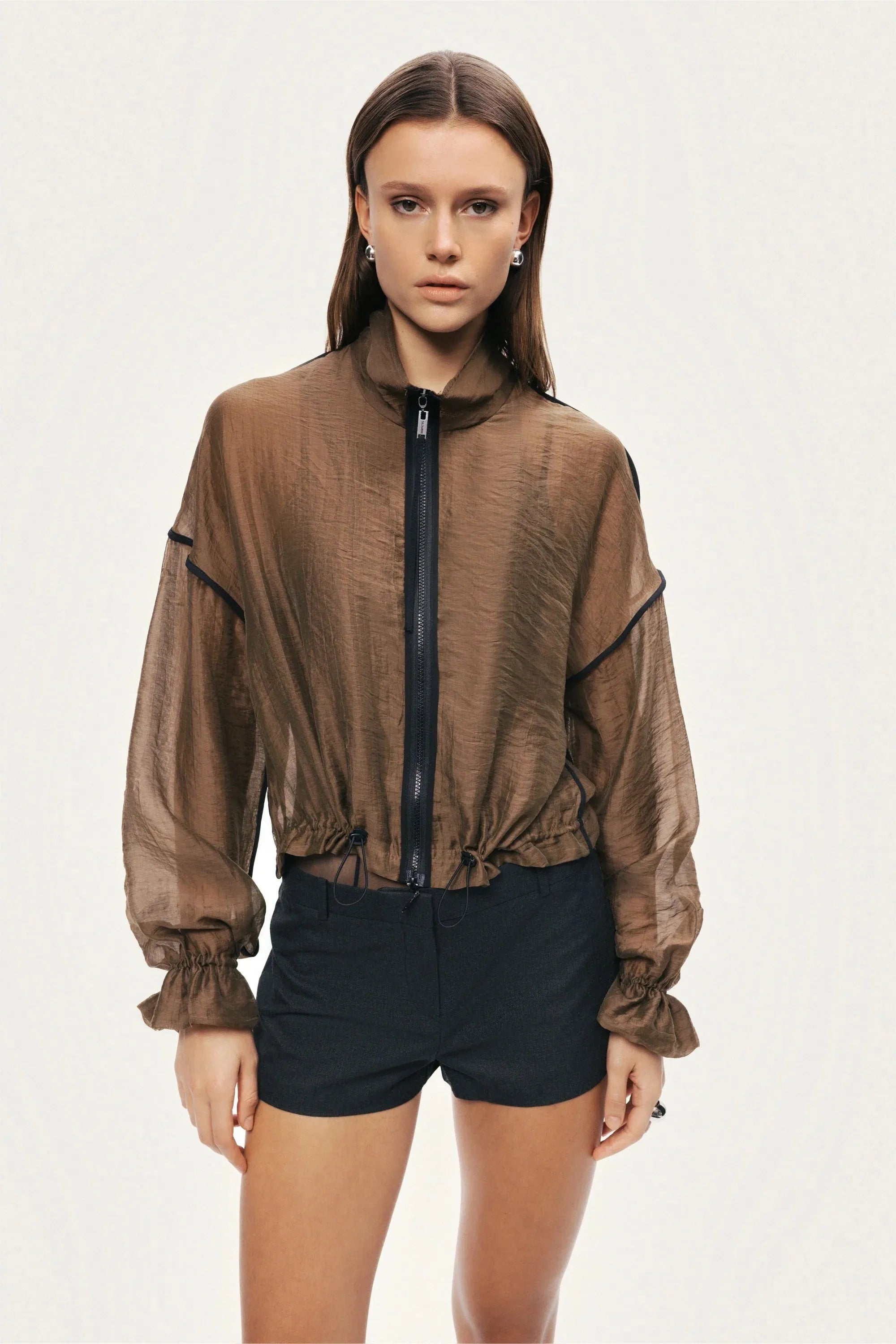 Nocturne Camel Women Sheer Zip-Front Jacket SKU: N26YN5359_0053 Image 03
