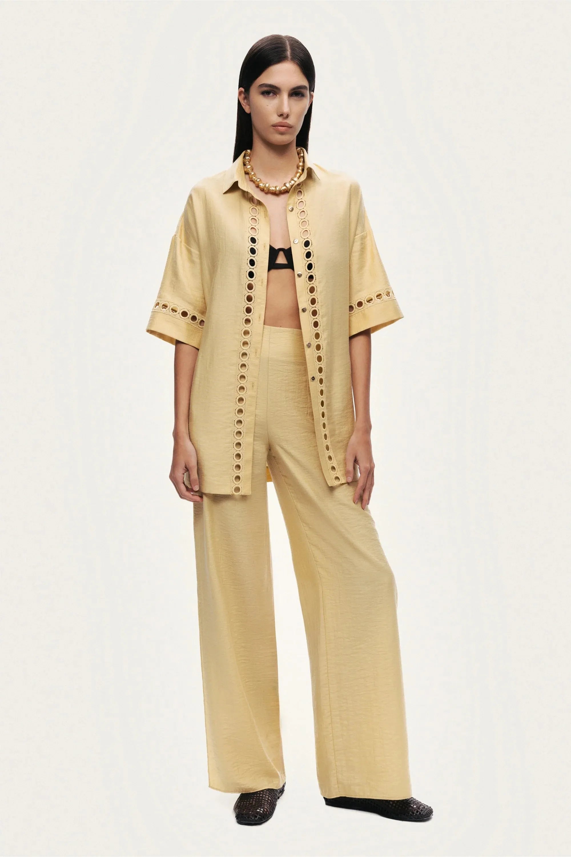Nocturne Yellow Women Belted Eyelet Detail Short-Sleeve Jacket SKU: N26YN5366_0013 Image 02