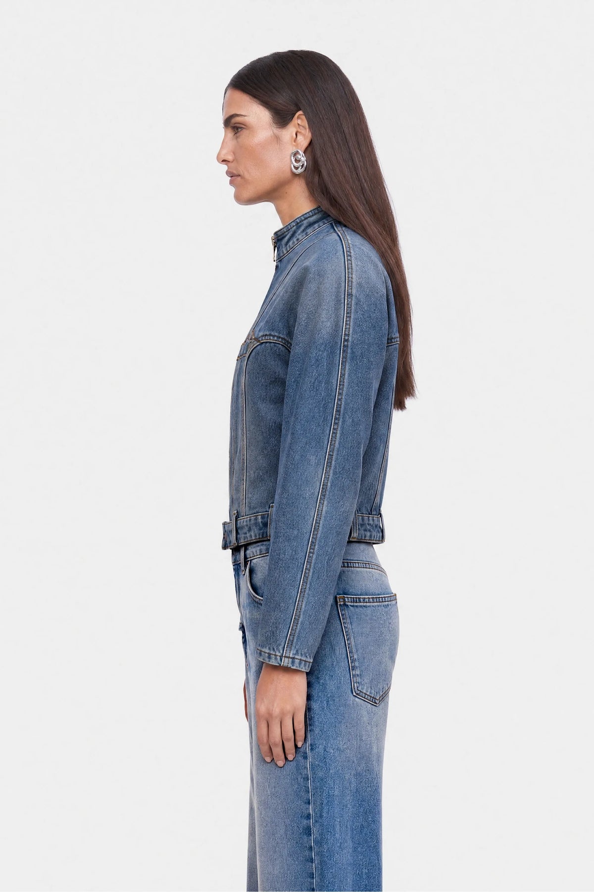 Nocturne Blue Women Stand Collar Denim Jacket SKU: N27KD5415_0011 Image 02