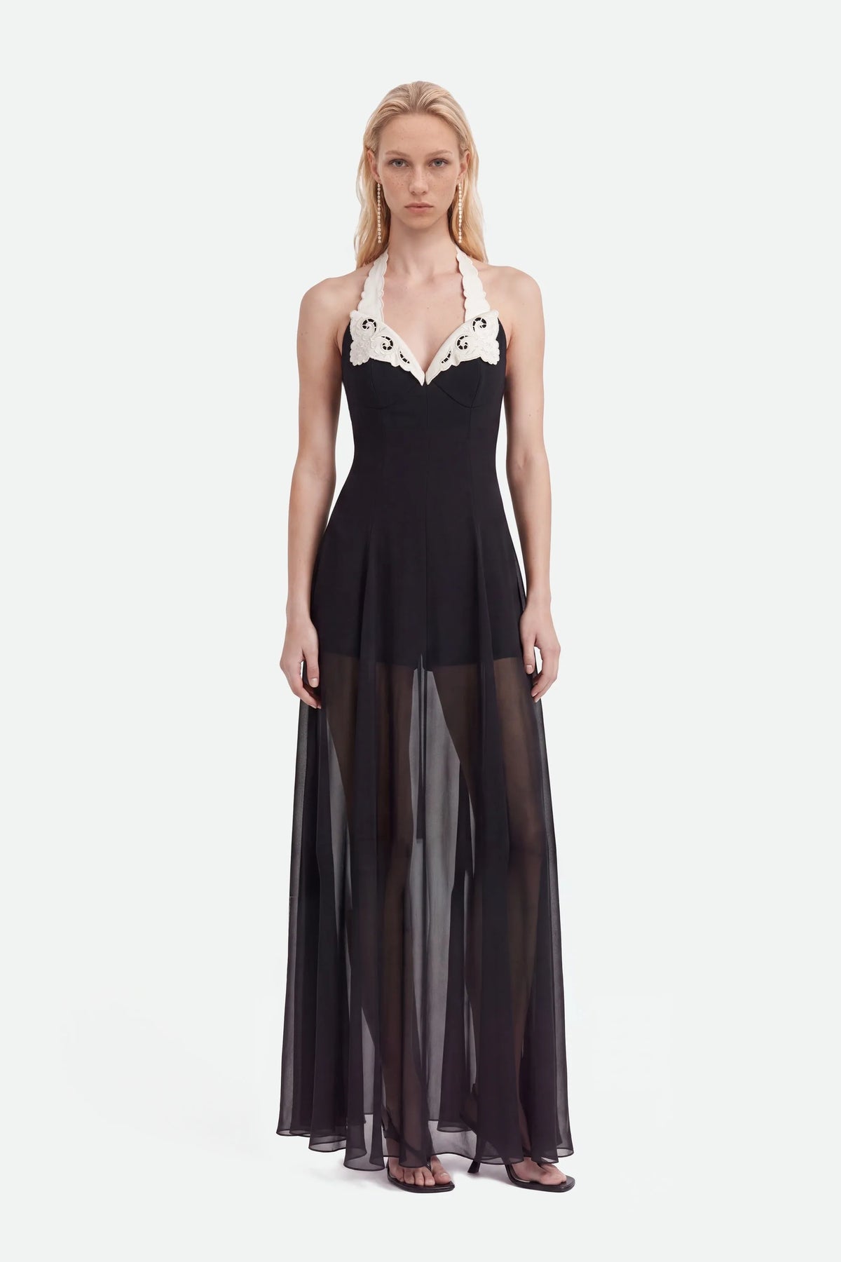 Nocturne Black Women Embroidery Detail Tulle Maxi Dress SKU: N27KN2842_0002 Image 01