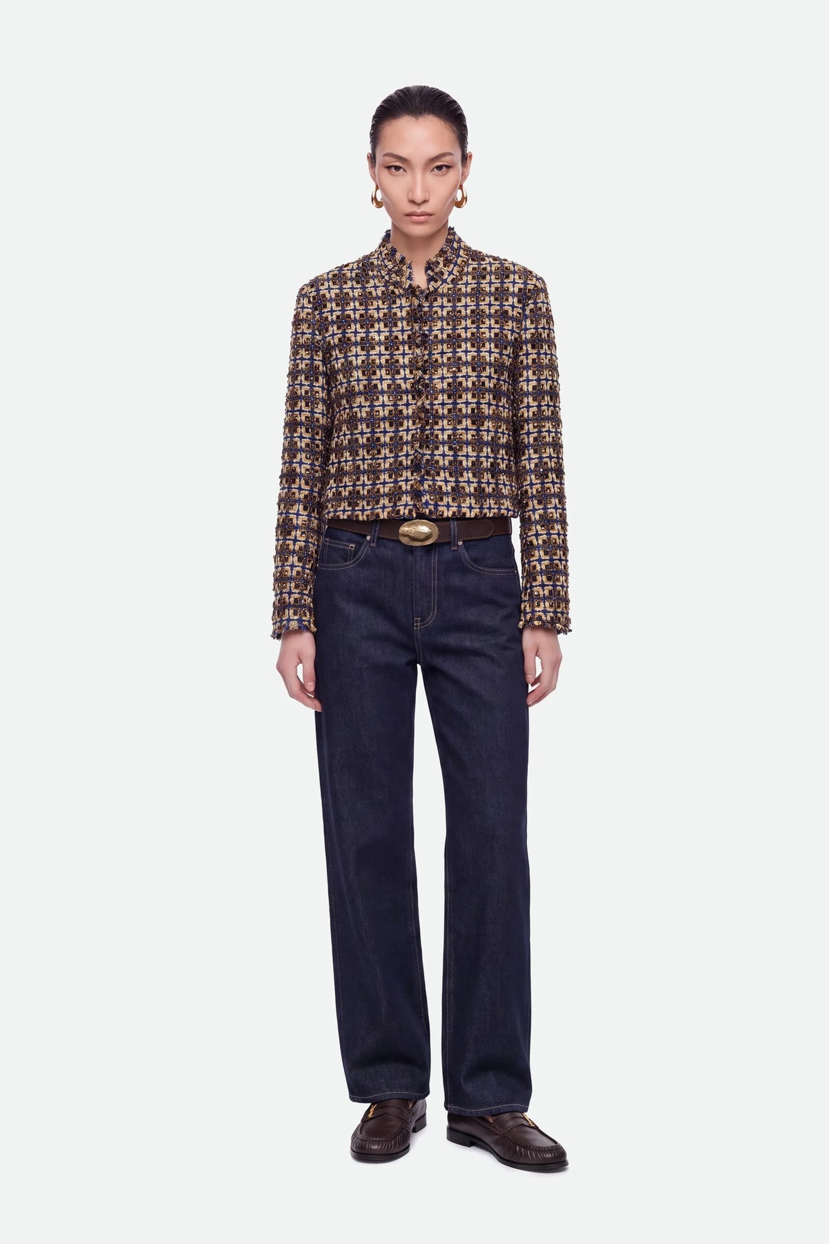 Nocturne Gold Coloured Women Cropped Tweed Jacket SKU: N27KN5406_0028 Image 01
