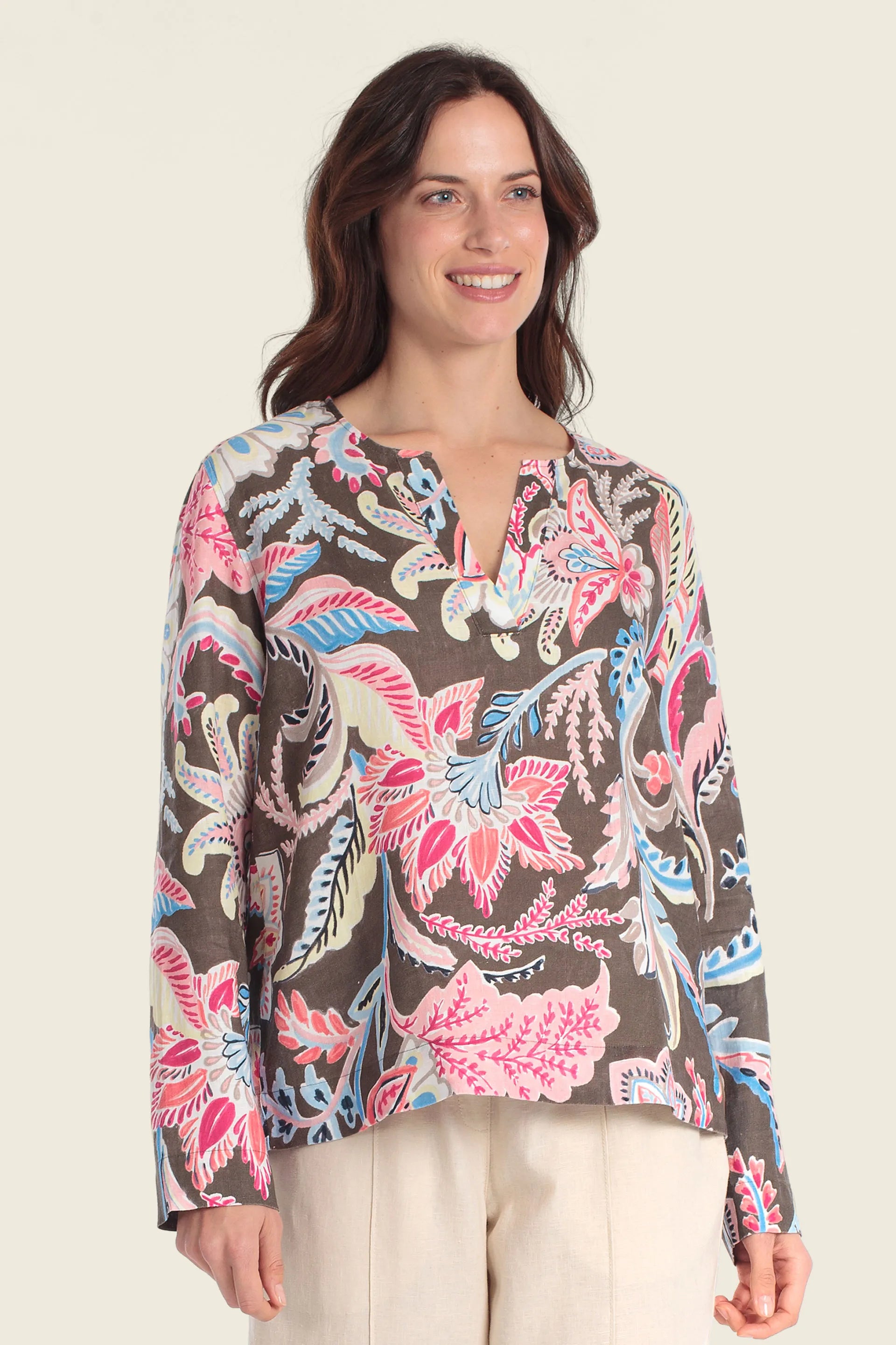 Gerry Weber Flowers & Leaves Brown Print 0 Long Sleeve Printed Blouse SKU: N60484_677 Image 01