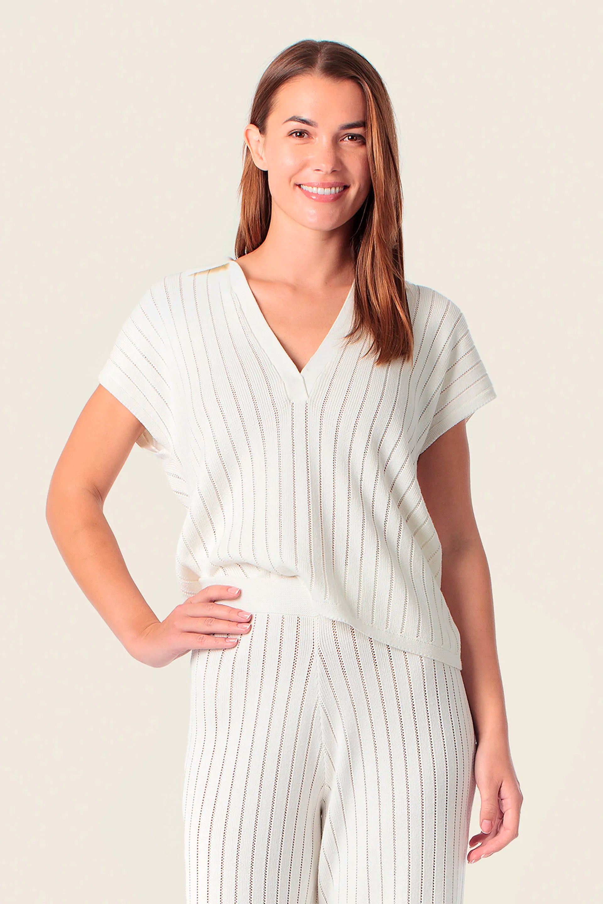 Gerry Weber White Off White 0 Striped Knitted Polo Set SKU: N60990_121 Image 01