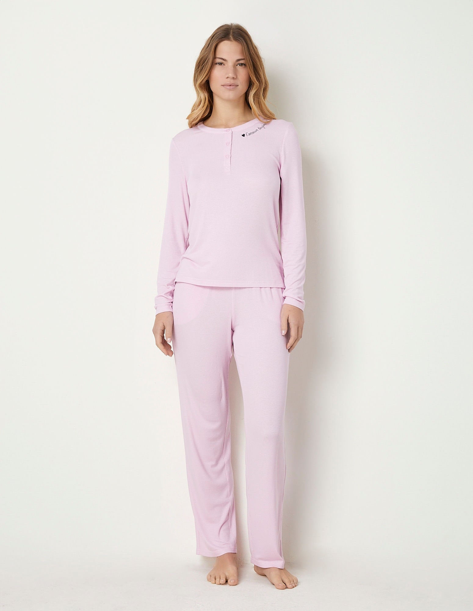 Yamamay_Amour Toujours Long Pink Pajamas in Ribbed Fabric_PPLD181004_900_01