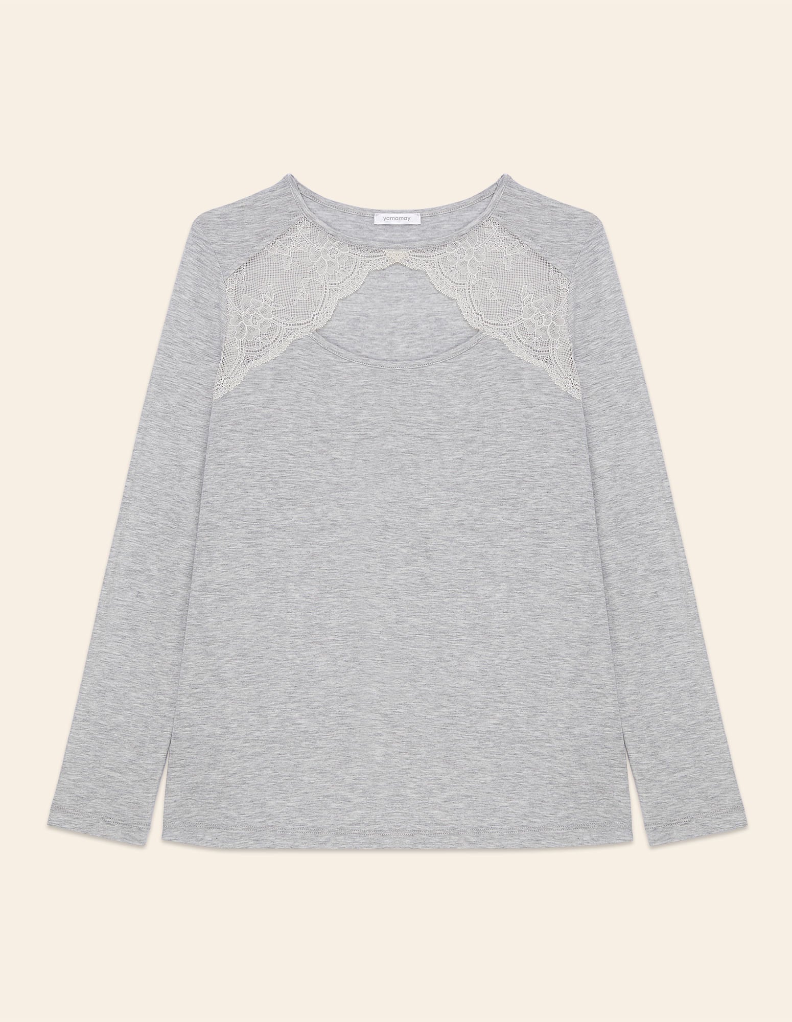 Yamamay_Long-Sleeve Light Gray Pajama Top in Stretch Tencelª Modal with Lace_PPTD181006_133_05
