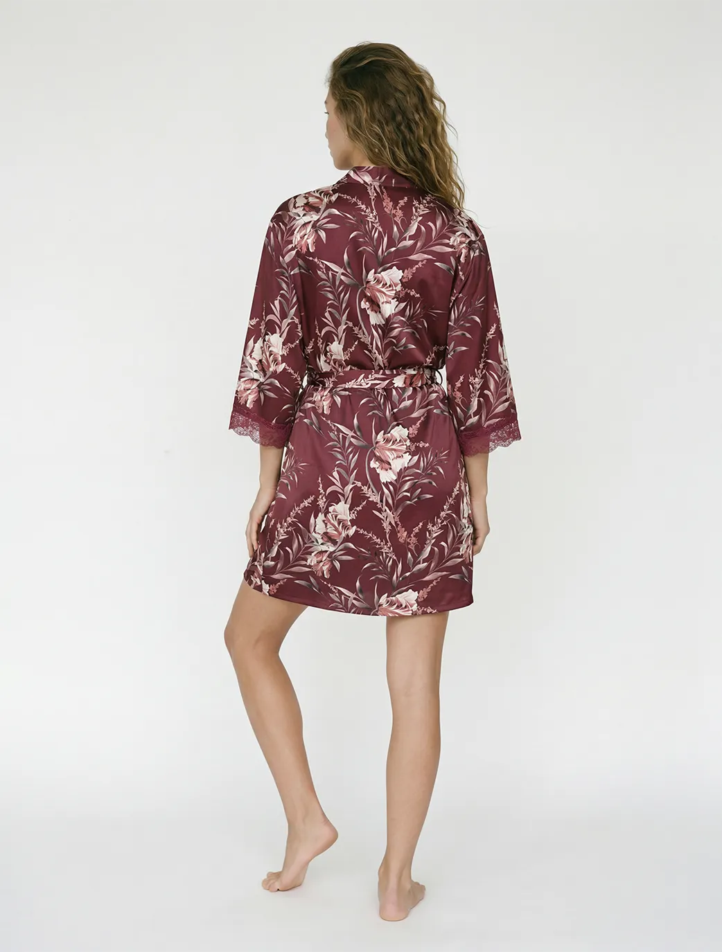 Marie France Multicolor Women Ava Botanical Lace Panel Satin Robe SKU: PYAVAROBE_Multicolor Image 04