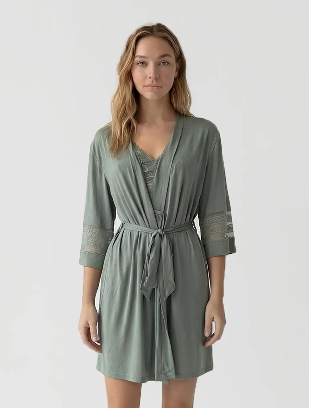 Marie France Green Women Kaitlyn Botanical Lace Cuff Open-Front Robe SKU: PYKAITLYNROBE_Green Image 01