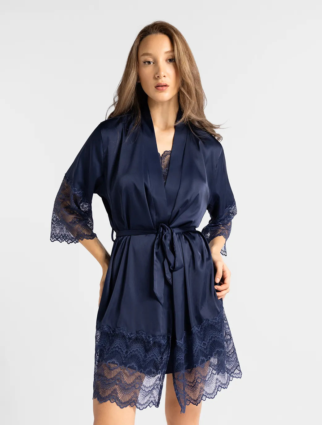 Marie France Dark Navy Women Sorrento Dark Navy Satin Sleep Robe SKU: PYSORRENTOROBE_Dark Navy Image 01