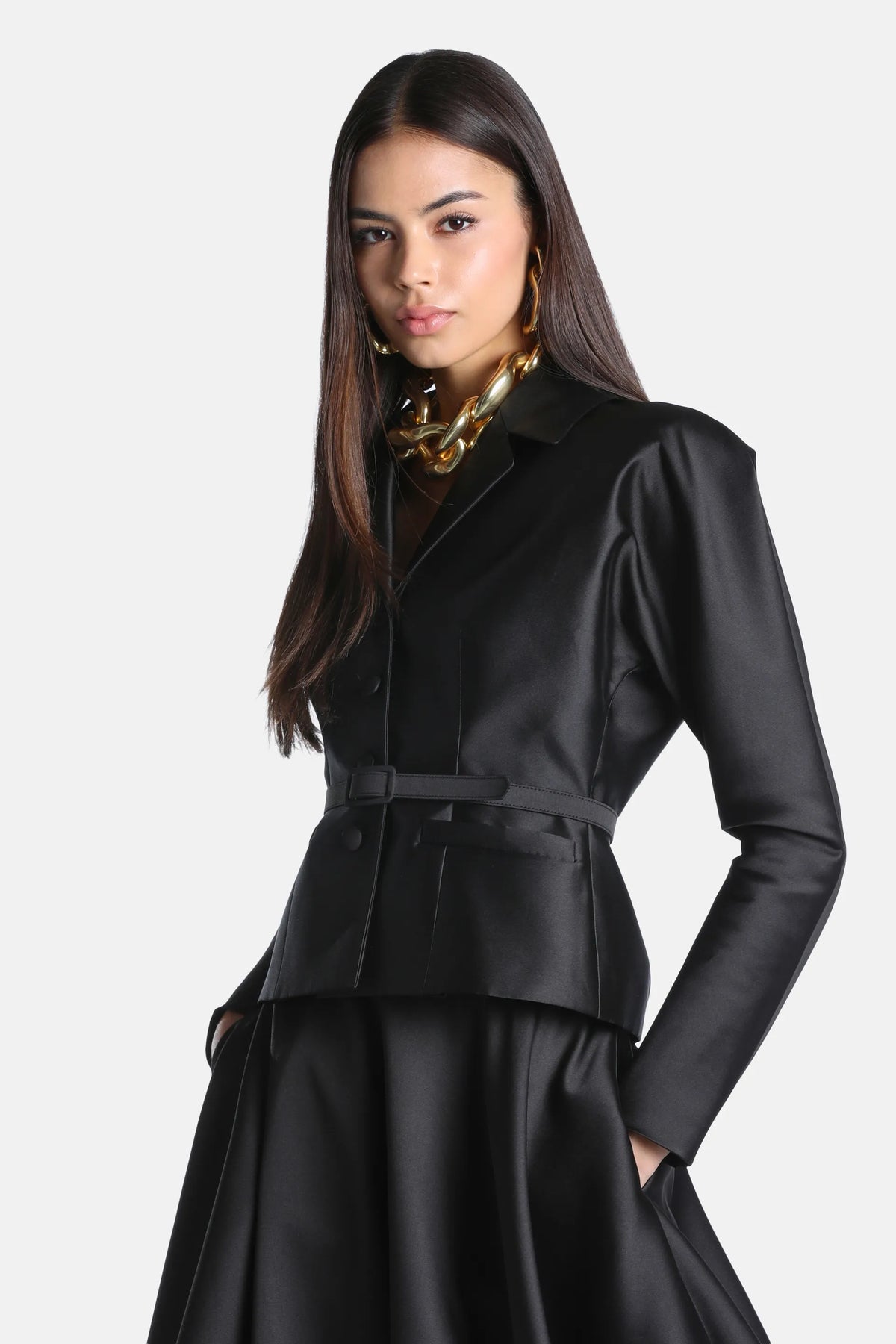 Luisa Spagnoli Nero Women Samoa Cropped Satin Jacket - Fashion Show SKU: SAMOA_0101 Image 01