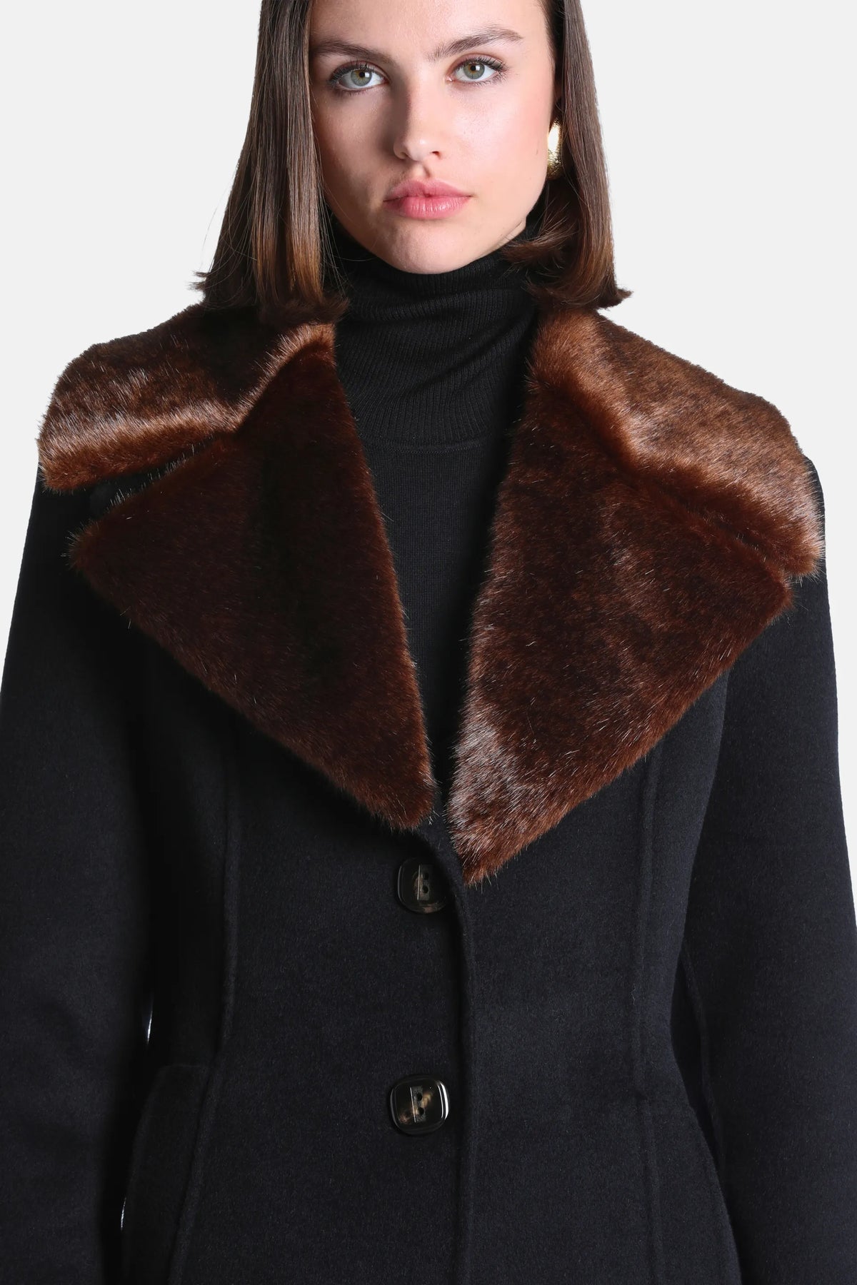 Luisa Spagnoli Nero/Marrone Women Scolpito Coat with Fur-Effect Lapels SKU: SCOLPITO_0101 0913 Image 03