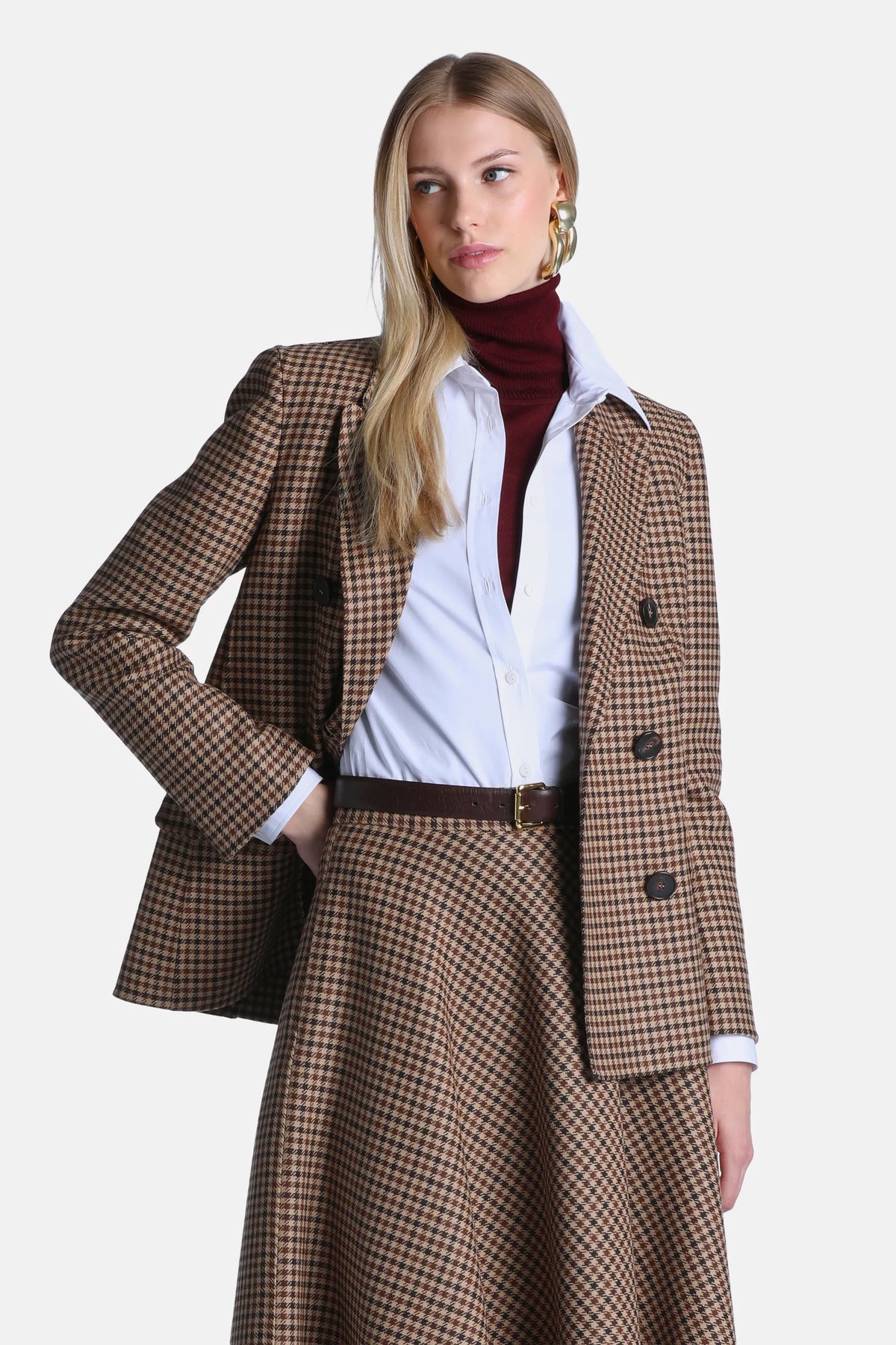 Luisa Spagnoli Var Beige Nocciola Women Serieta Double-Breasted Checked Blazer SKU: SERIETA_3274 Image 01